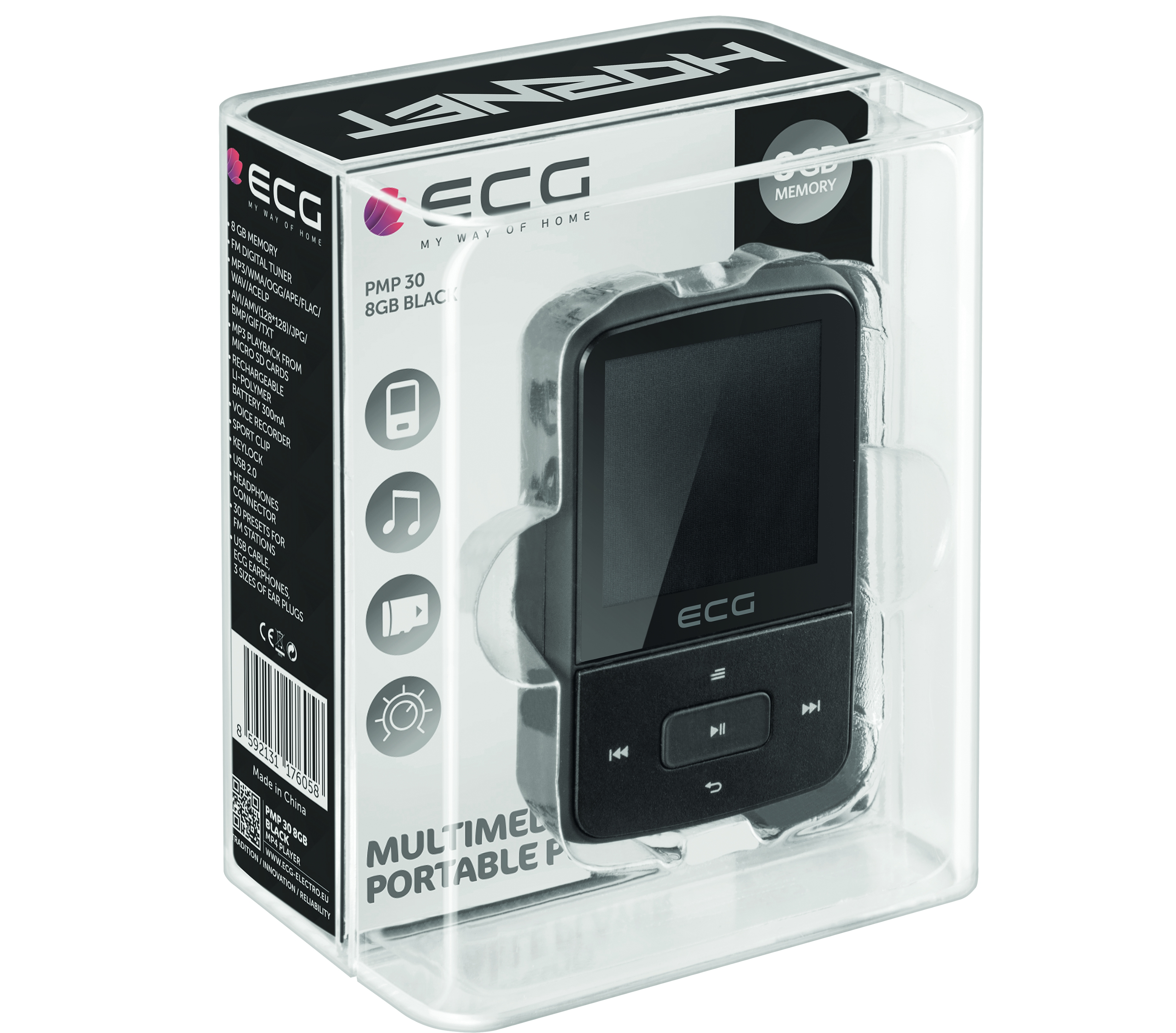 Schwarzer MP3-Player in transparentem Gehäuse. Text: '8GB Speicher' und Funktionstasten sind sichtbar.