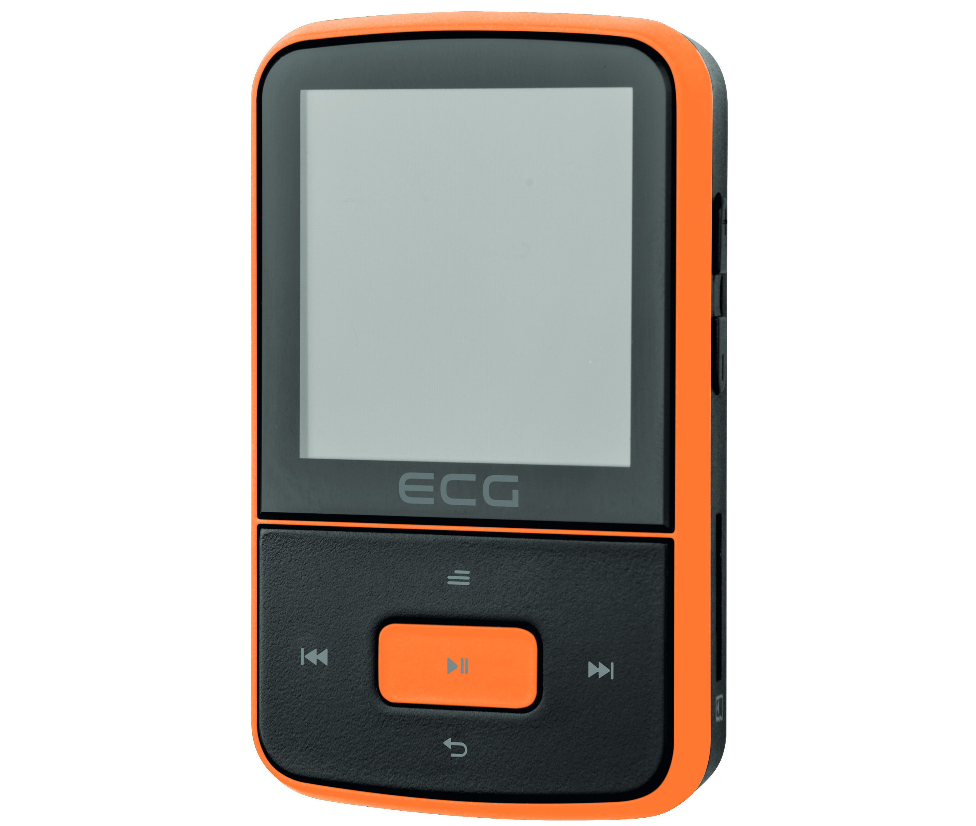 Oranger und schwarzer ECG MP3-Player mit Bildschirm und Knöpfen. Weißer Hintergrund.