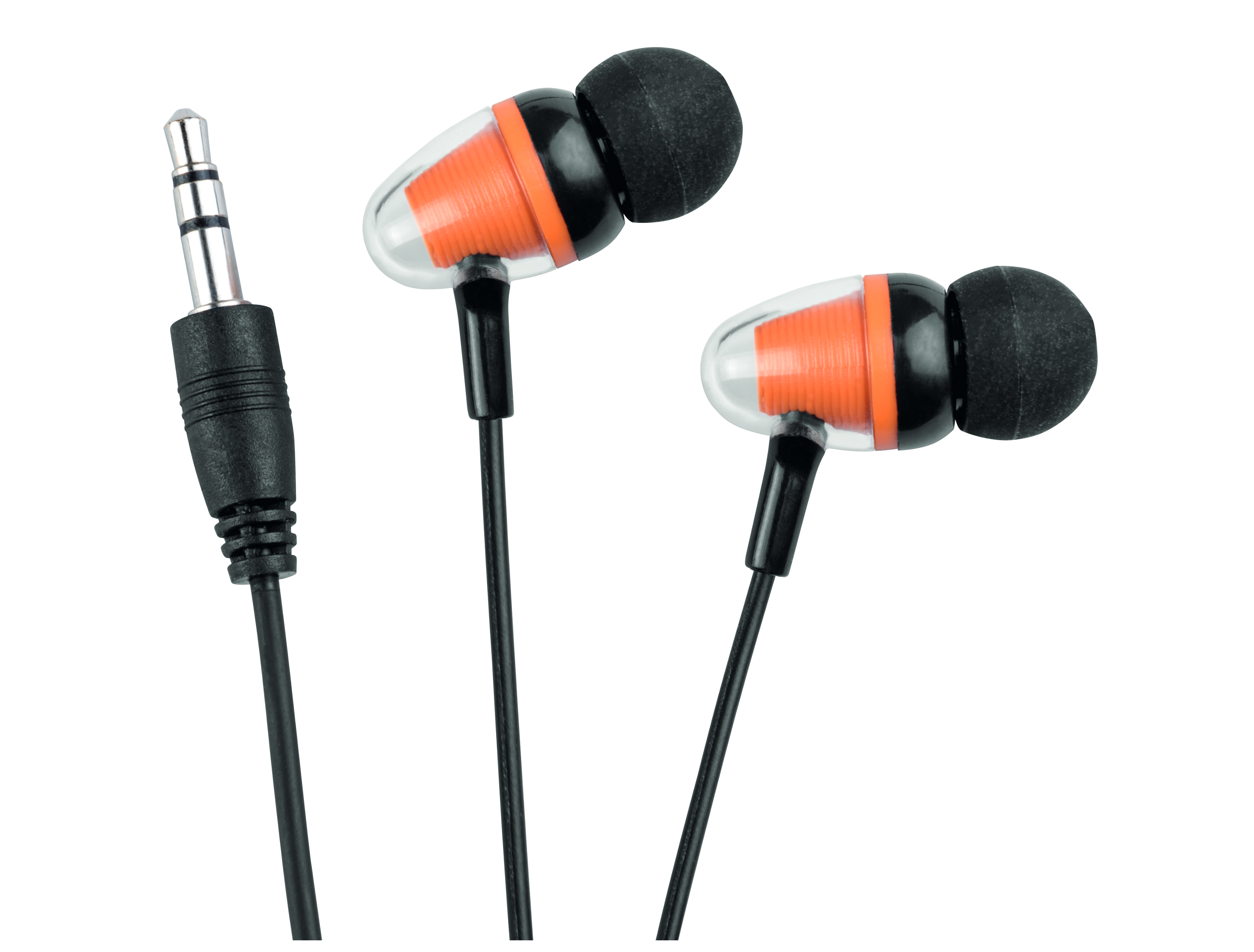 In-Ear-Kopfhörer mit schwarzen Kabeln und orange/klaren Knospen.