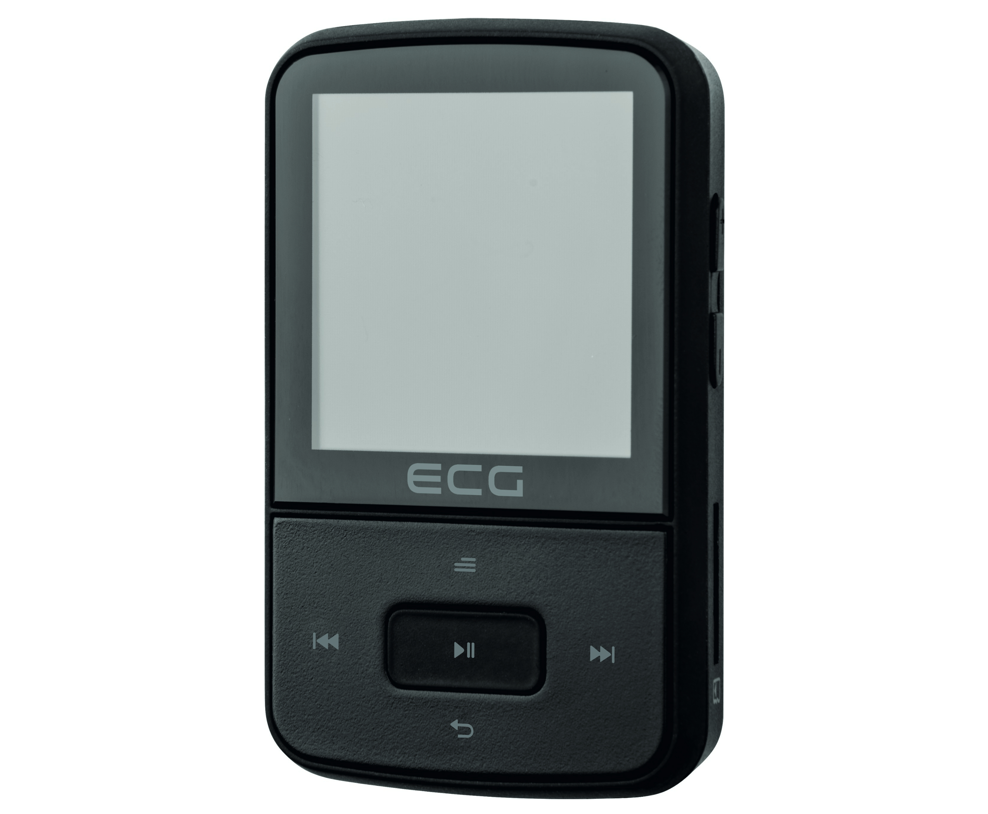 Schwarzer ECG-Musikplayer mit Bildschirm, Tasten und ECG-Logo. Es hat ein schlichtes Design.