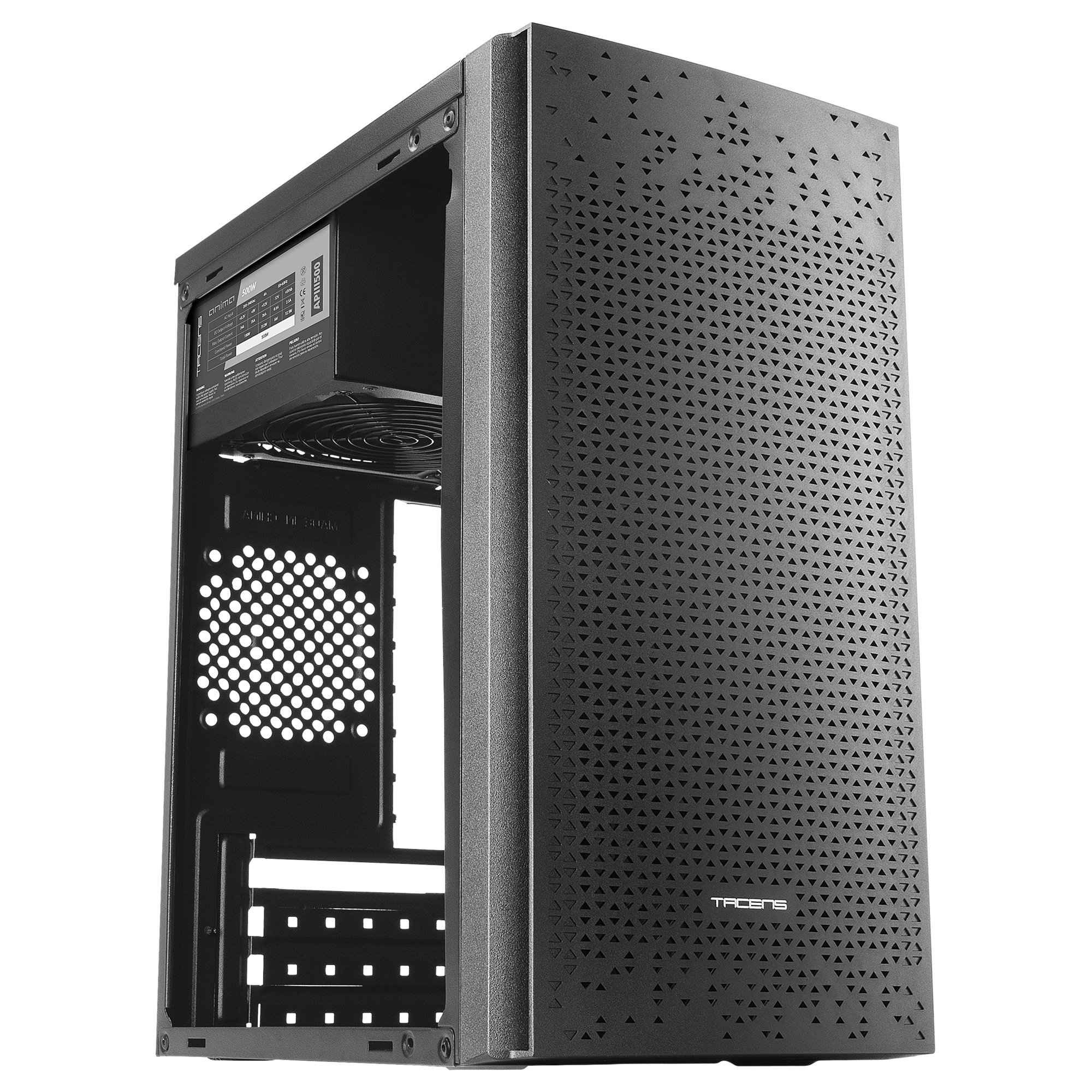 Case per computer nero. Pannello laterale perforato, frontale aperto. Alimentatore in alto.