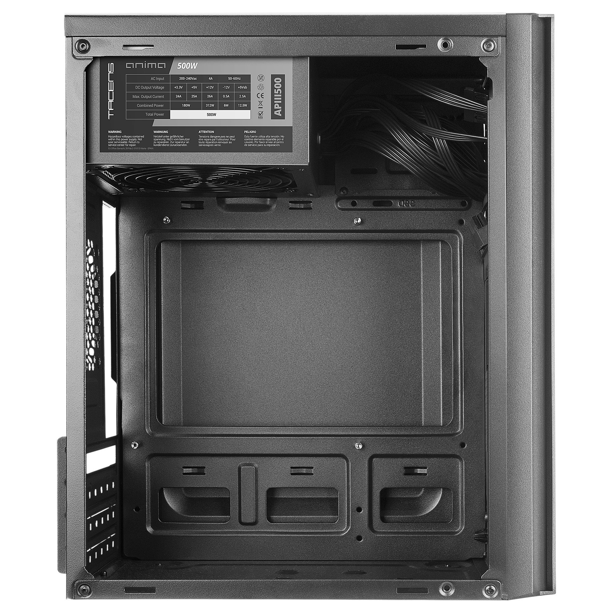 Interno del case del computer con alimentatore e cavi.