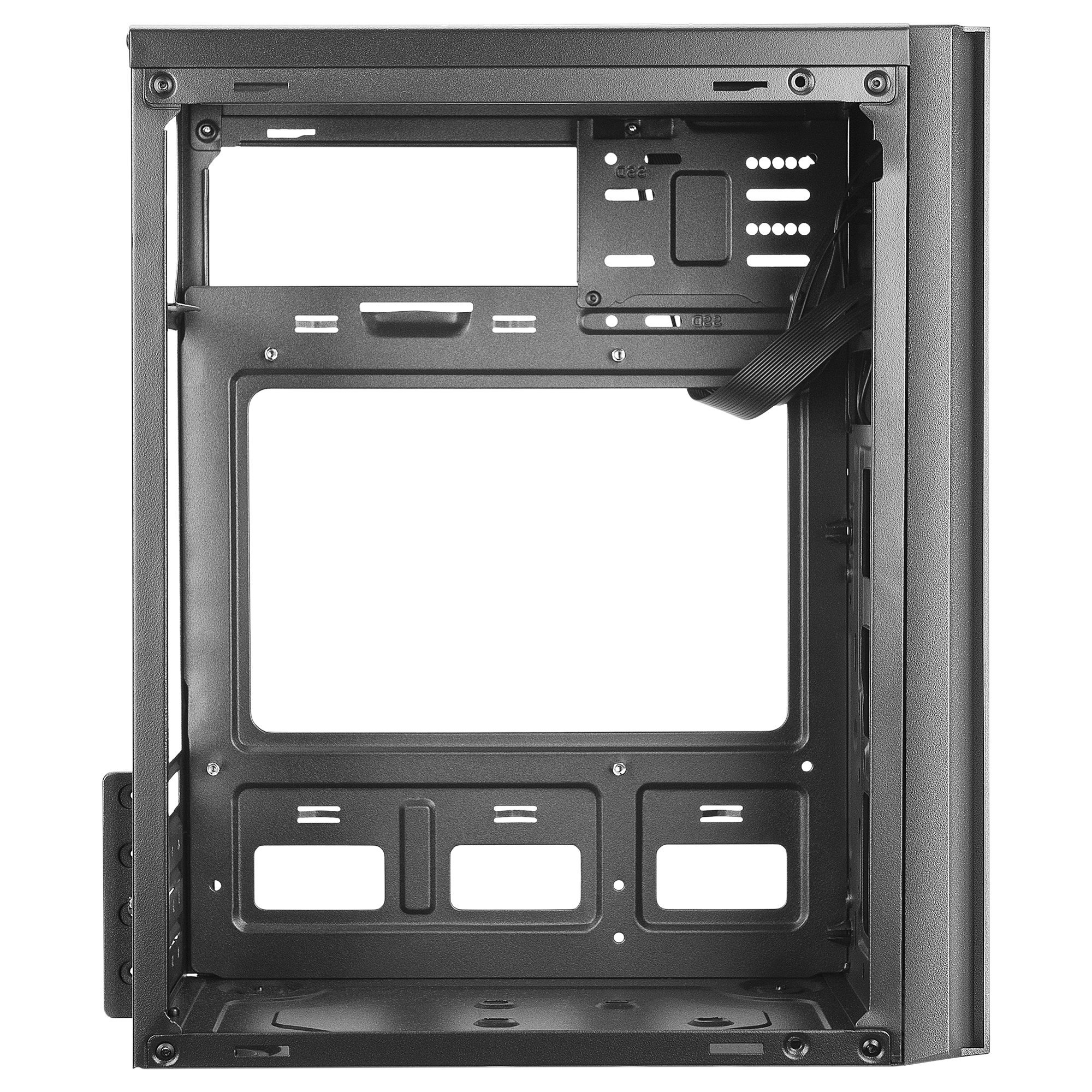 Interno vuoto del case del computer. Telaio visibile, aree di montaggio e aperture. Colore nero.