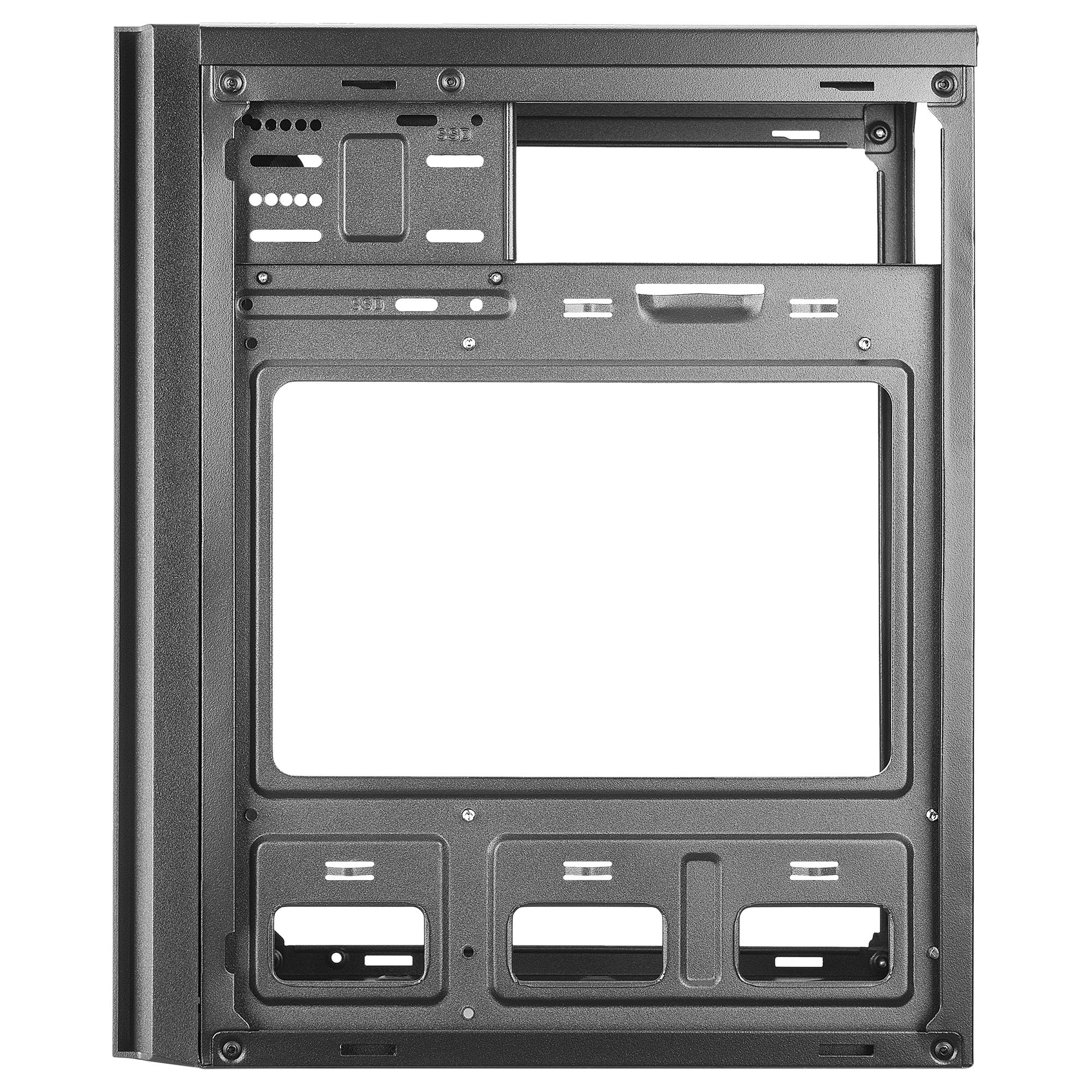 Interno vuoto di un case per computer, con punti di montaggio e spazi aperti.