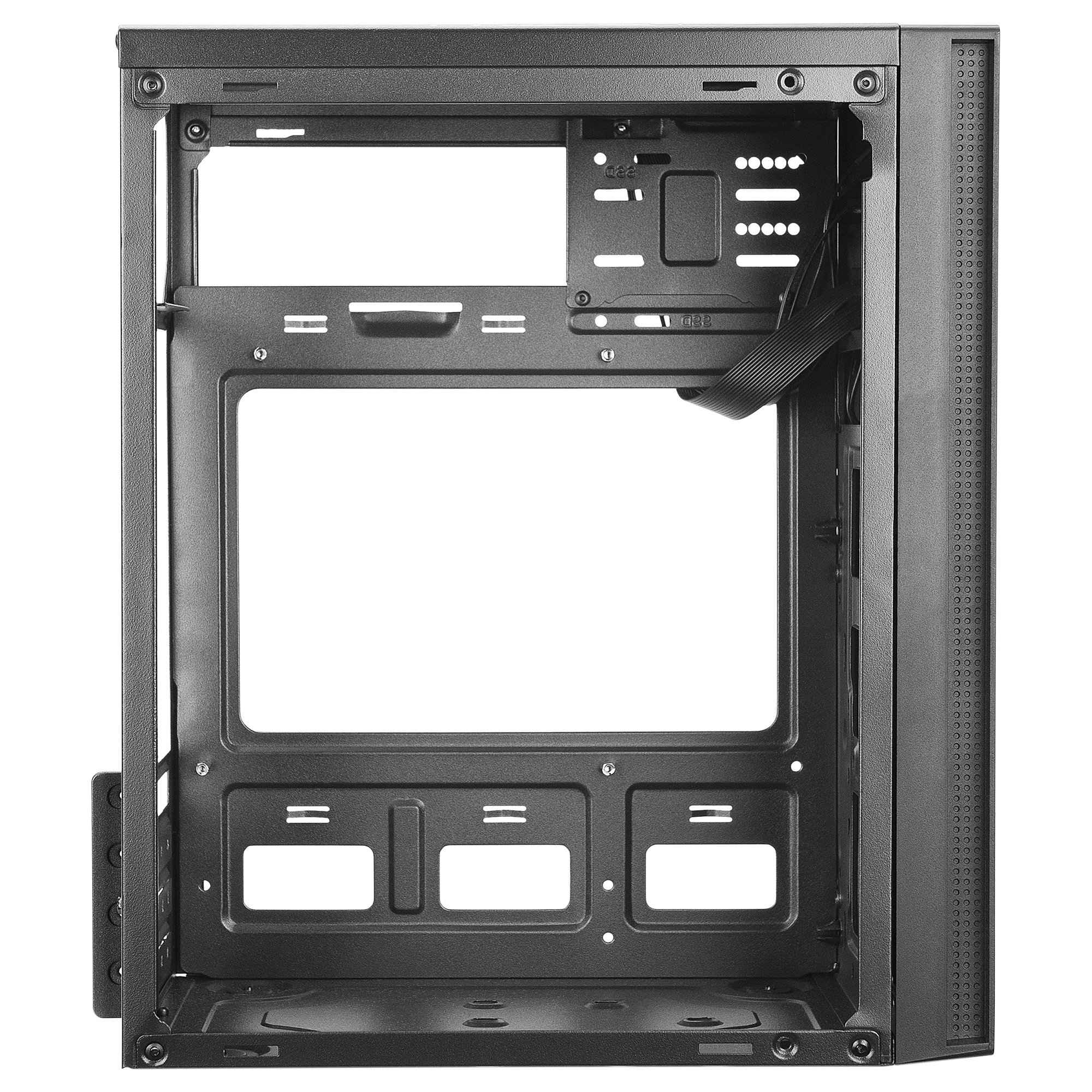 L'interno di un case per computer nero con scomparti aperti e punti di montaggio.