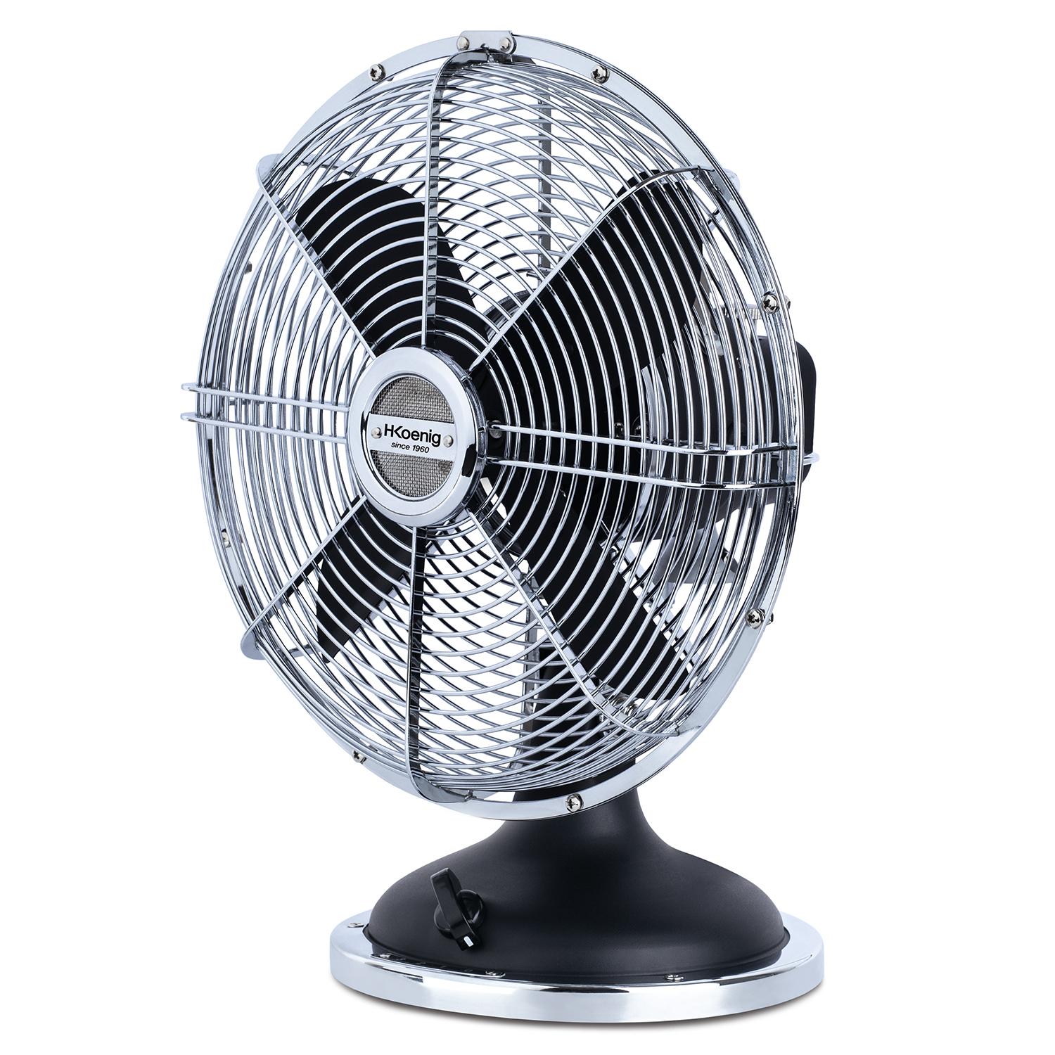 Ventilatore retrò cromato e nero con pale nere.