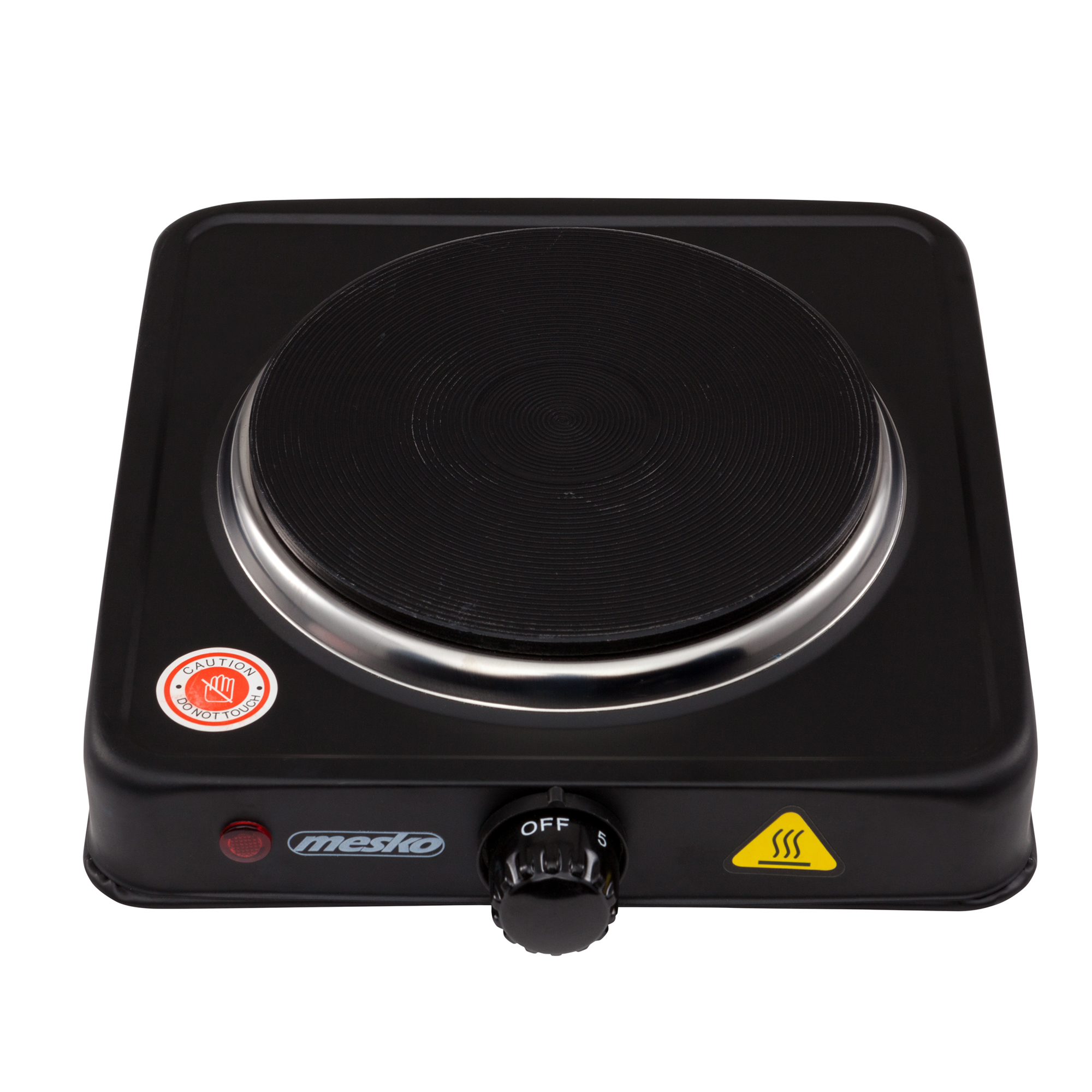 Czarna elektryczna płyta grzewcza z czerwonym wskaźnikiem zasilania i pokrętłem ustawiania ciepła.