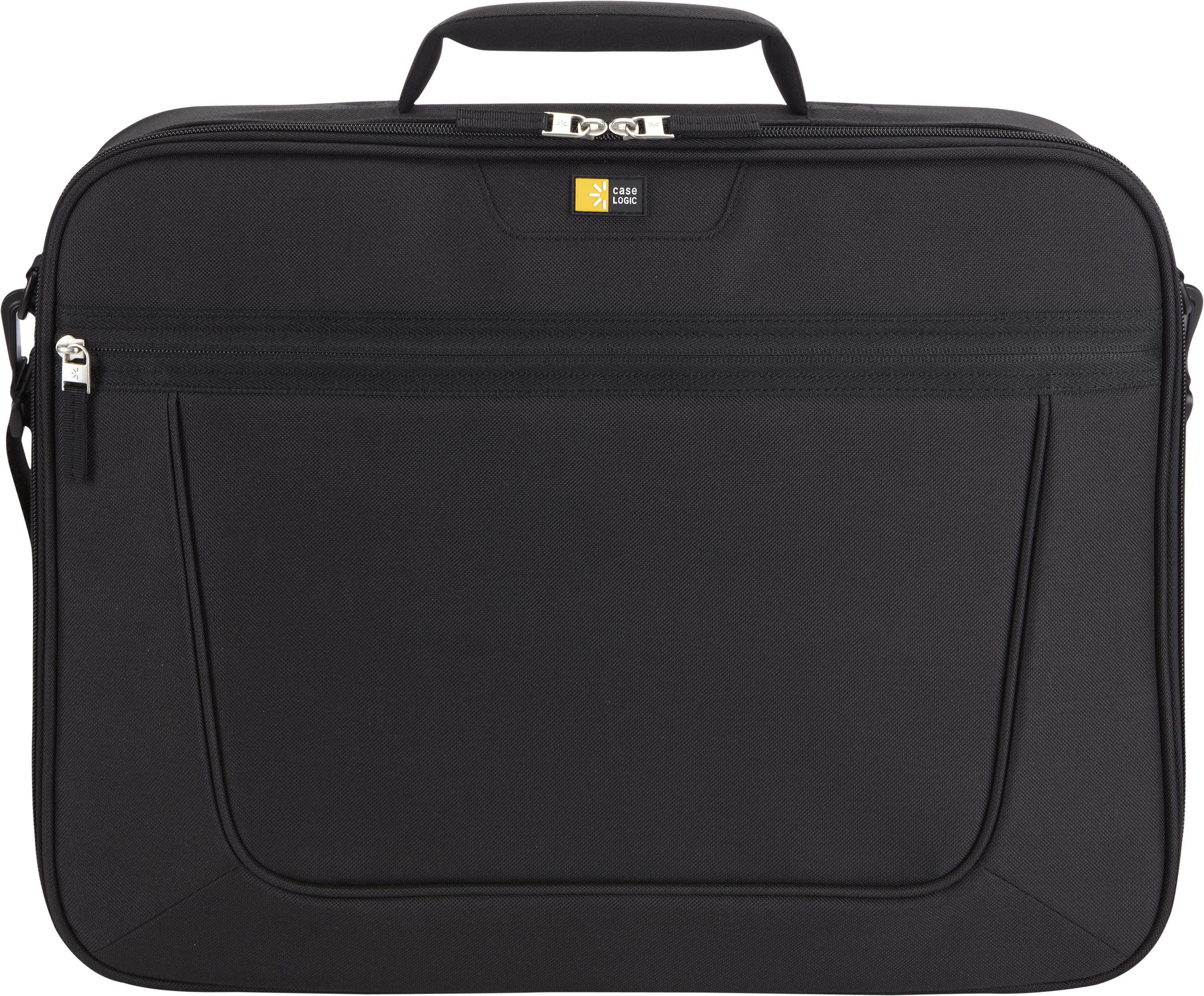 Black laptop bag with a zipper and Case Logic logo. It has a handle and shoulder strap loops.