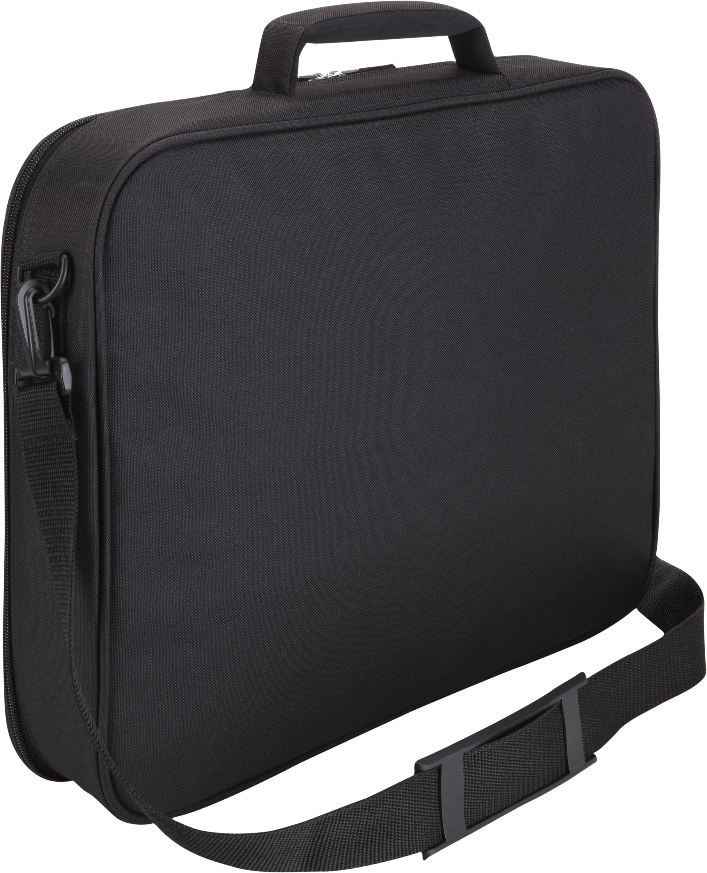 Black briefcase with a shoulder strap, on a white background. Zipped closure.