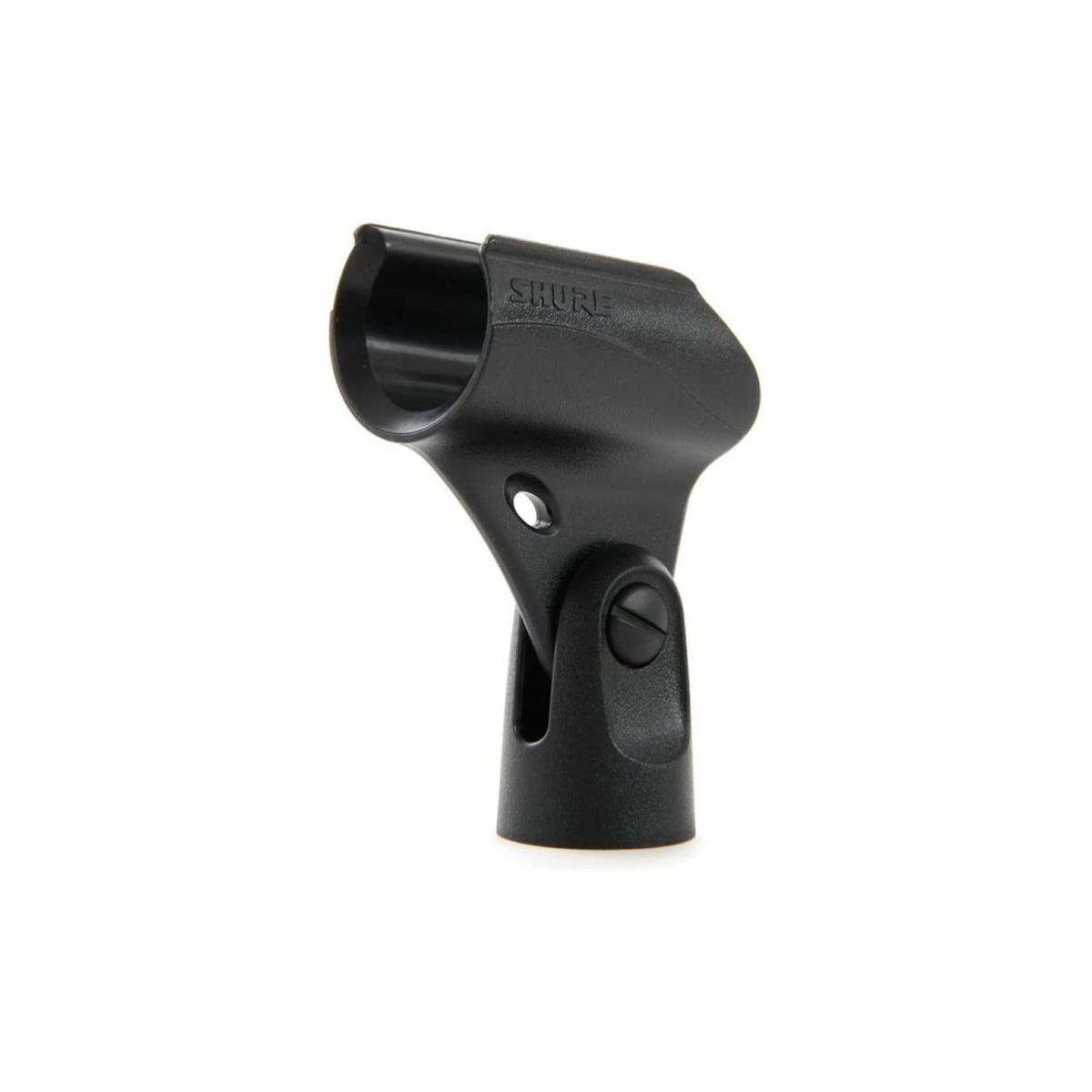 Soporte de micrófono negro con el logo SHURE. Es un dispositivo plástico pequeño y en ángulo.