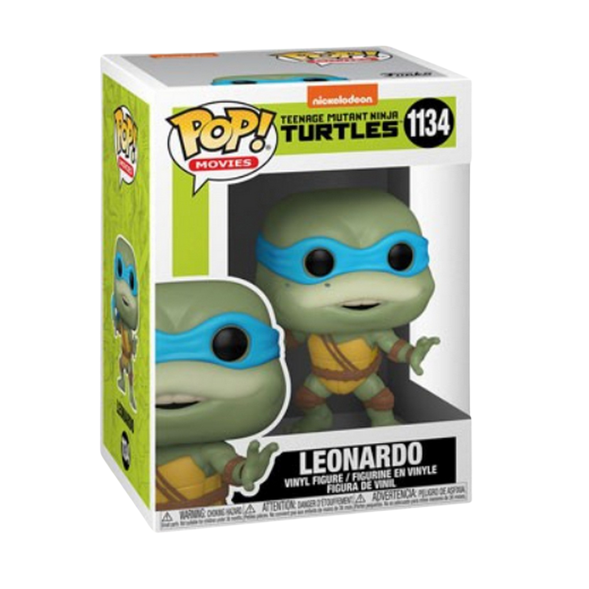 Una figura in vinile Leonardo dei Teenage Mutant Ninja Turtles in una scatola con altre figure.