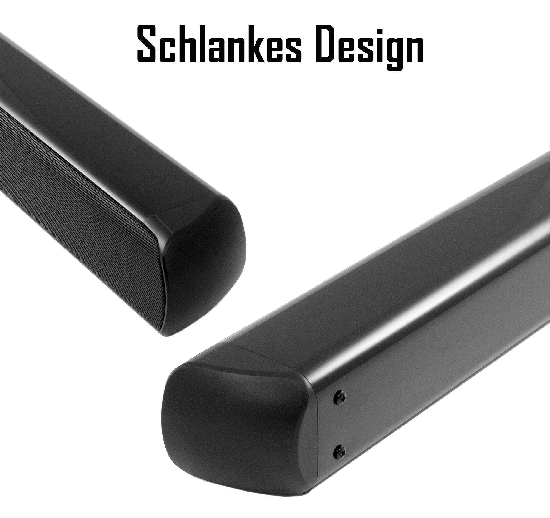 Nahaufnahme von zwei schwarzen Soundbars, Text: 'Schlankes Design', mit weißem Hintergrund.