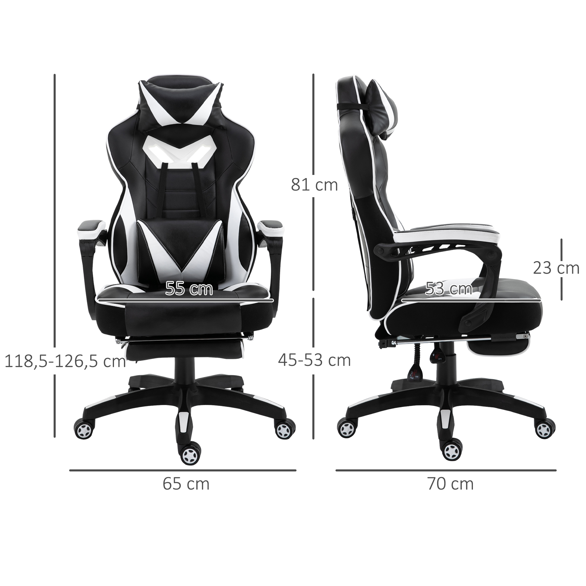 Silla gaming que muestra dimensiones. La silla es en blanco y negro con reposapiés.
