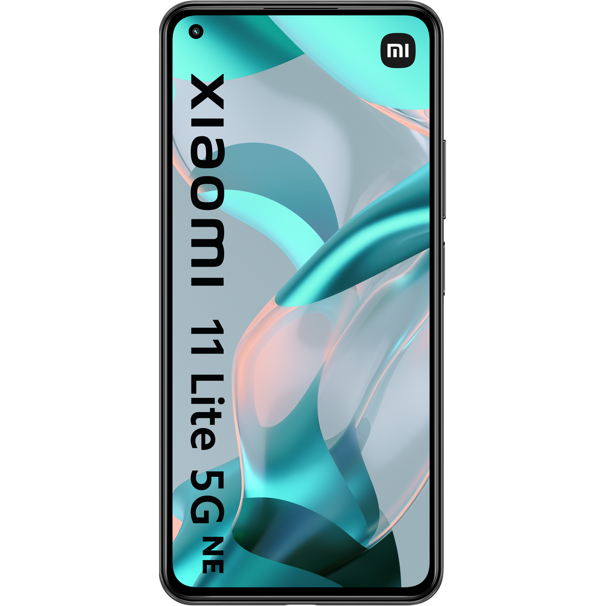 Czarny smartfon Xiaomi 11 Lite 5G NE. Telefon stoi pionowo, z projektem na ekranie.