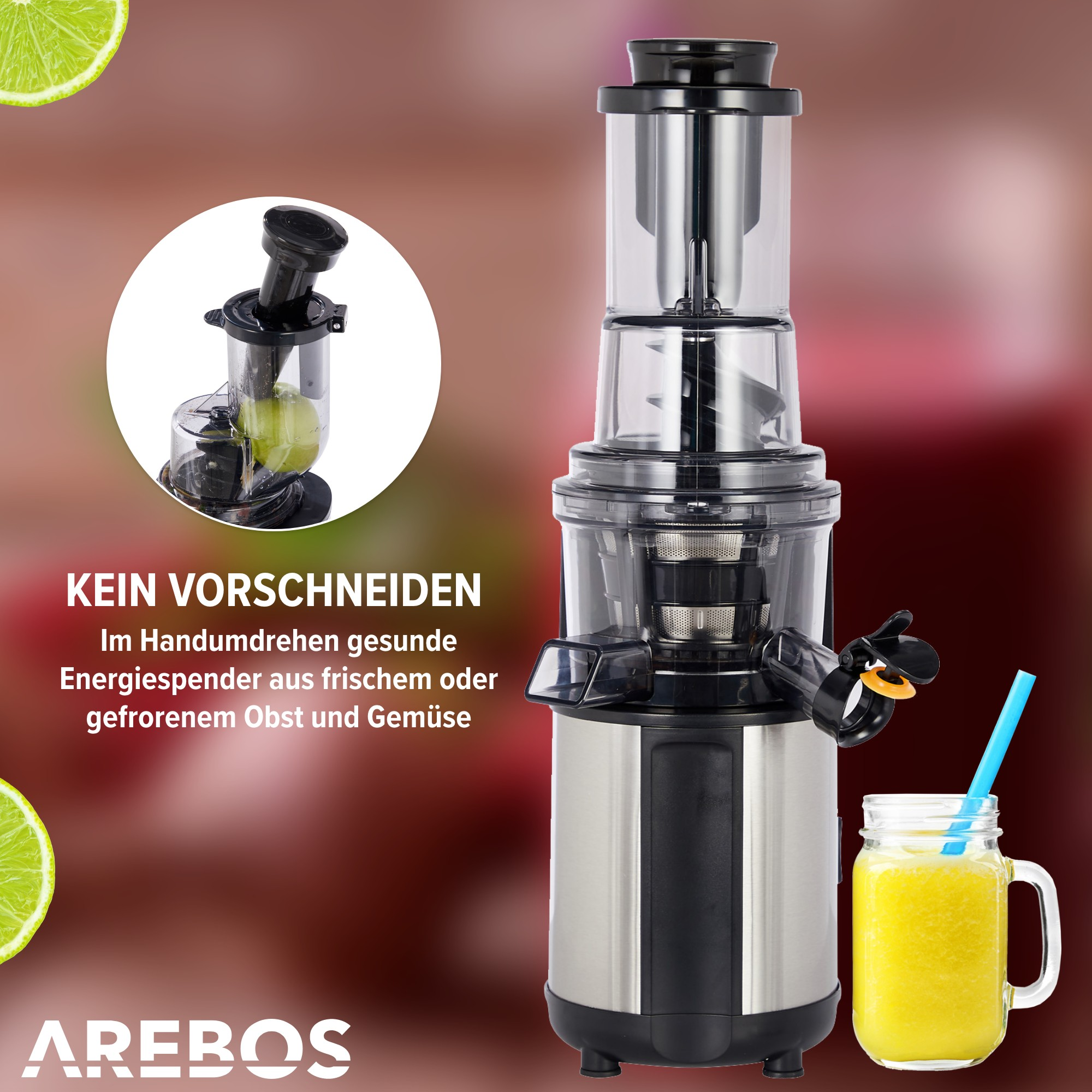 Entsafter mit einem Glas Saft und Limettenscheiben. Text: 'Kein Vorschneiden' und 'Frisch oder gefroren'.