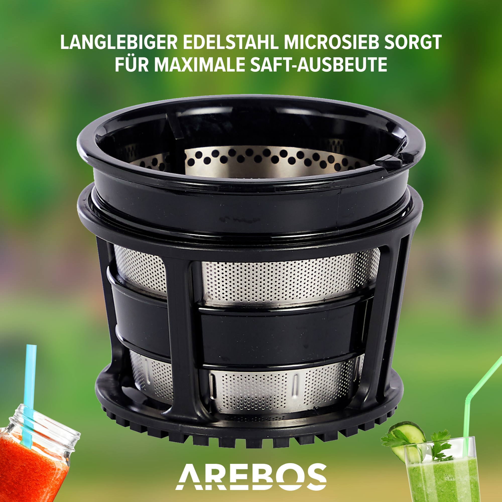 Nahaufnahme eines schwarzen Entsafterfilters mit Edelstahlnetz. Text liest sich AREBOS.