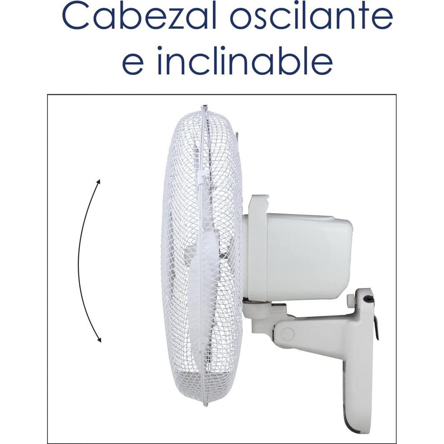 Ventilador oscilante montado en la pared, blanco, con rejilla protectora, sobre fondo blanco.