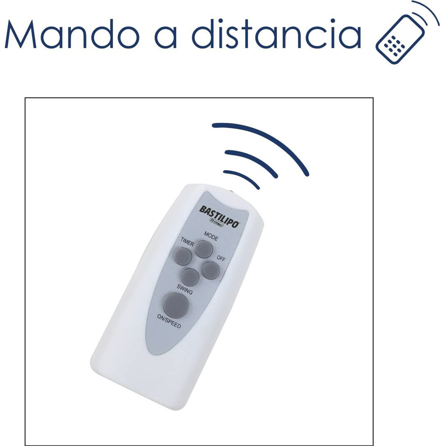 Un mando a distancia blanco con botones e icono de onda que indica señal. Texto: Mando a distancia.