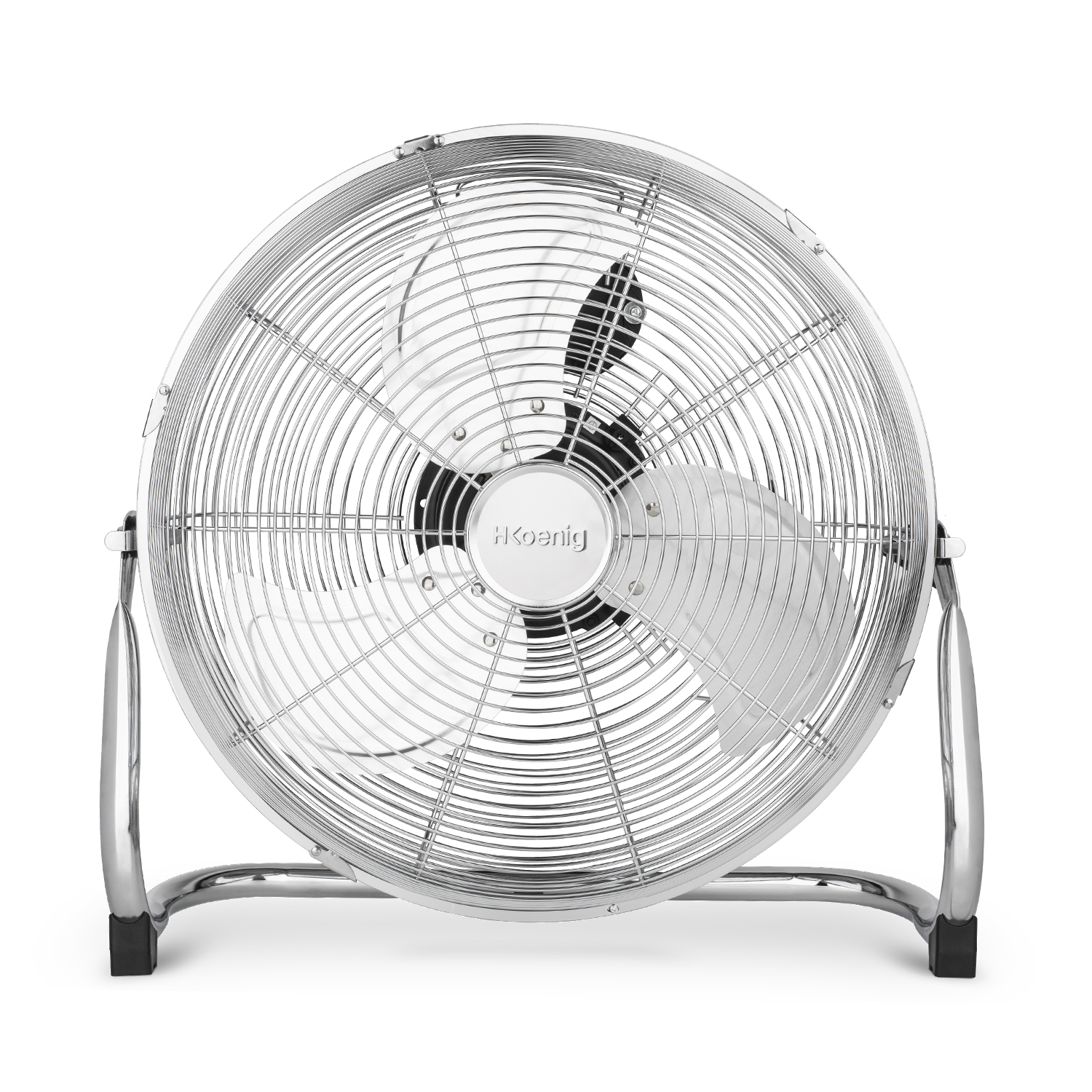 Ventilatore argentato con pale e telaio in metallo.