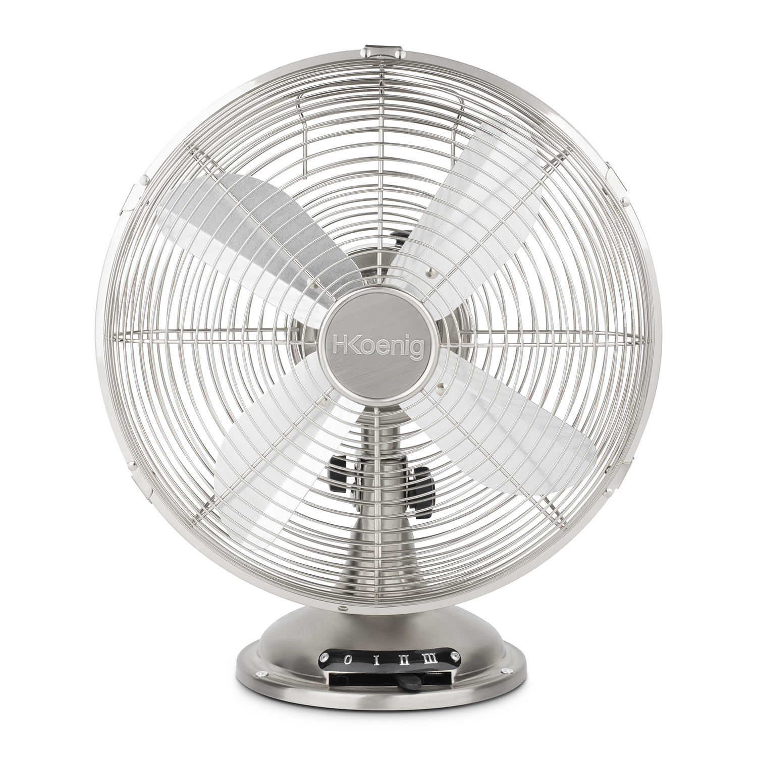 Ventilatore retrò argentato con pale argentate e base nera.