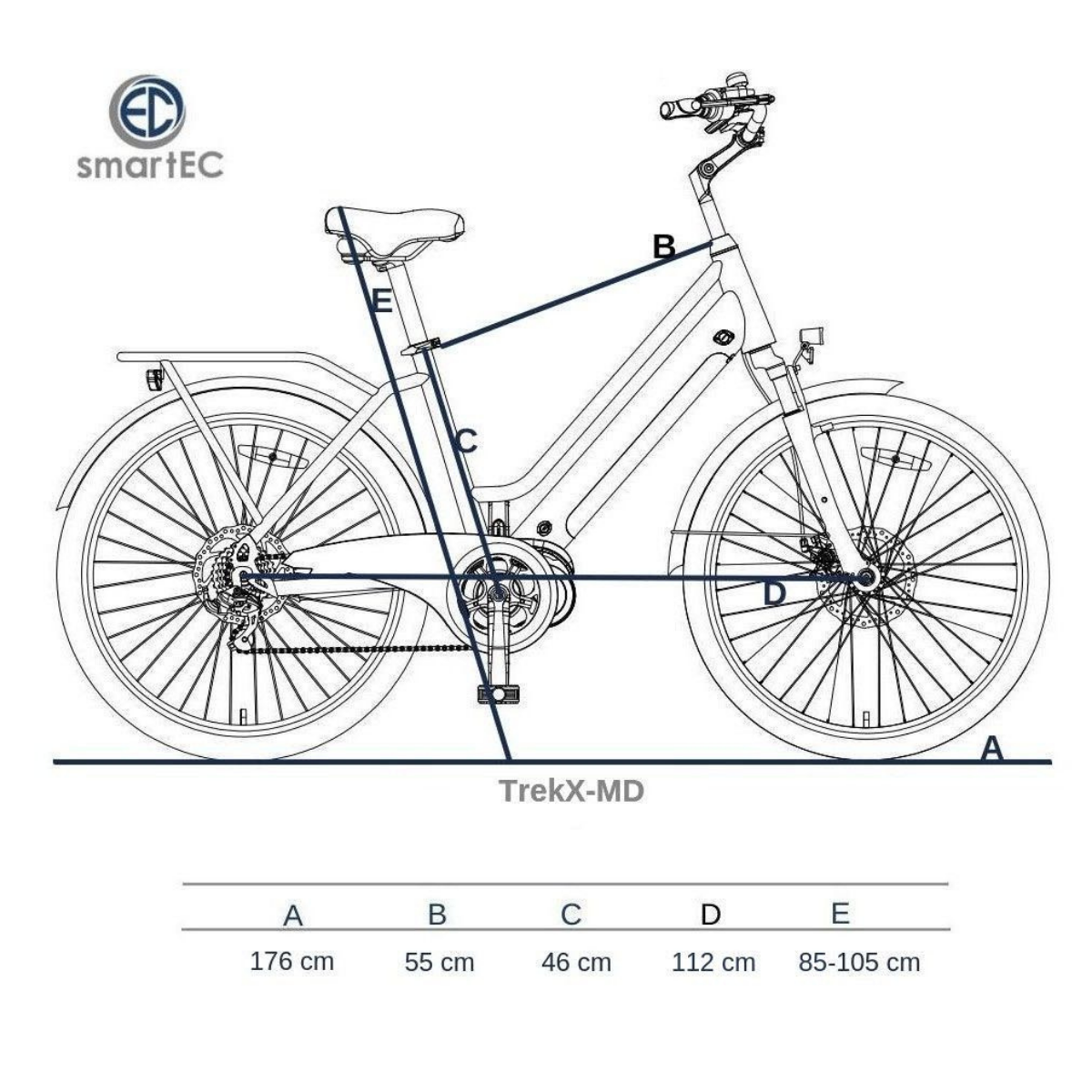 Strichzeichnung eines Fahrrads mit Maßangaben. Das Fahrrad ist schwarz-weiß.