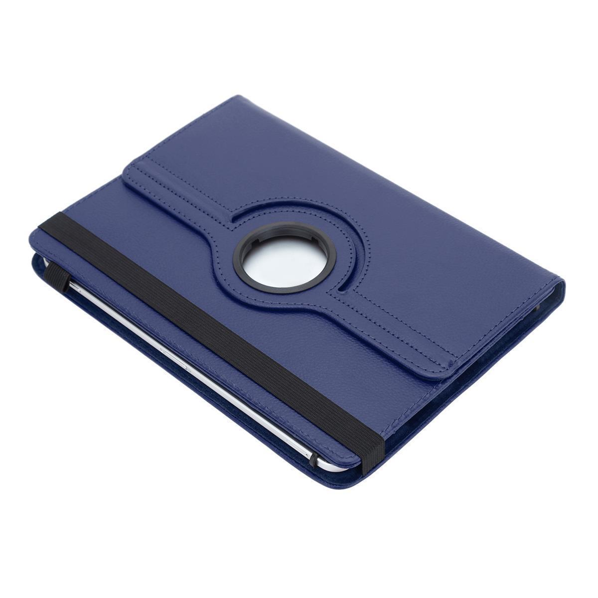 Blaue Tablethülle mit schwarzem Gummiband und rundem Kameraausschnitt.