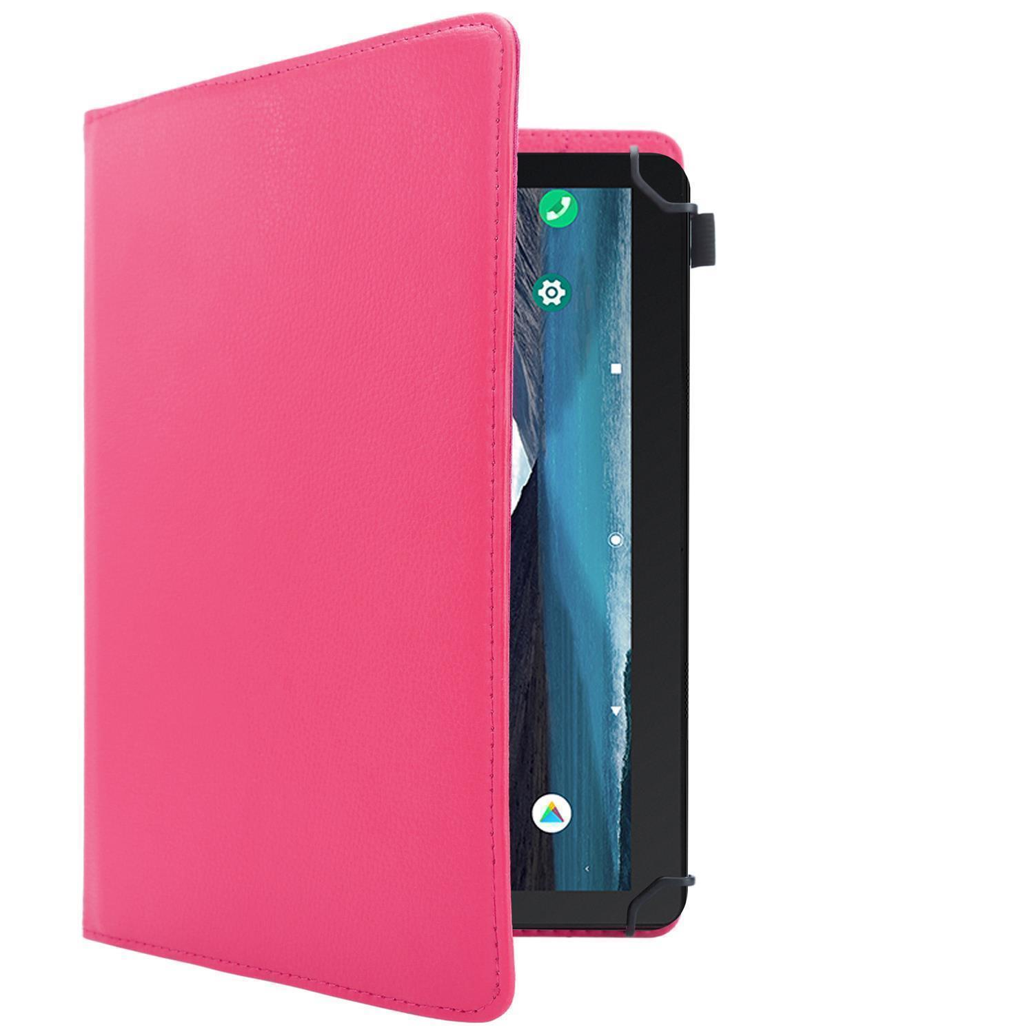 Eine pinkfarbene Tablet-Hülle, geöffnet, um ein Tablet zu enthüllen. Das Tablet zeigt den Android-Startbildschirm.