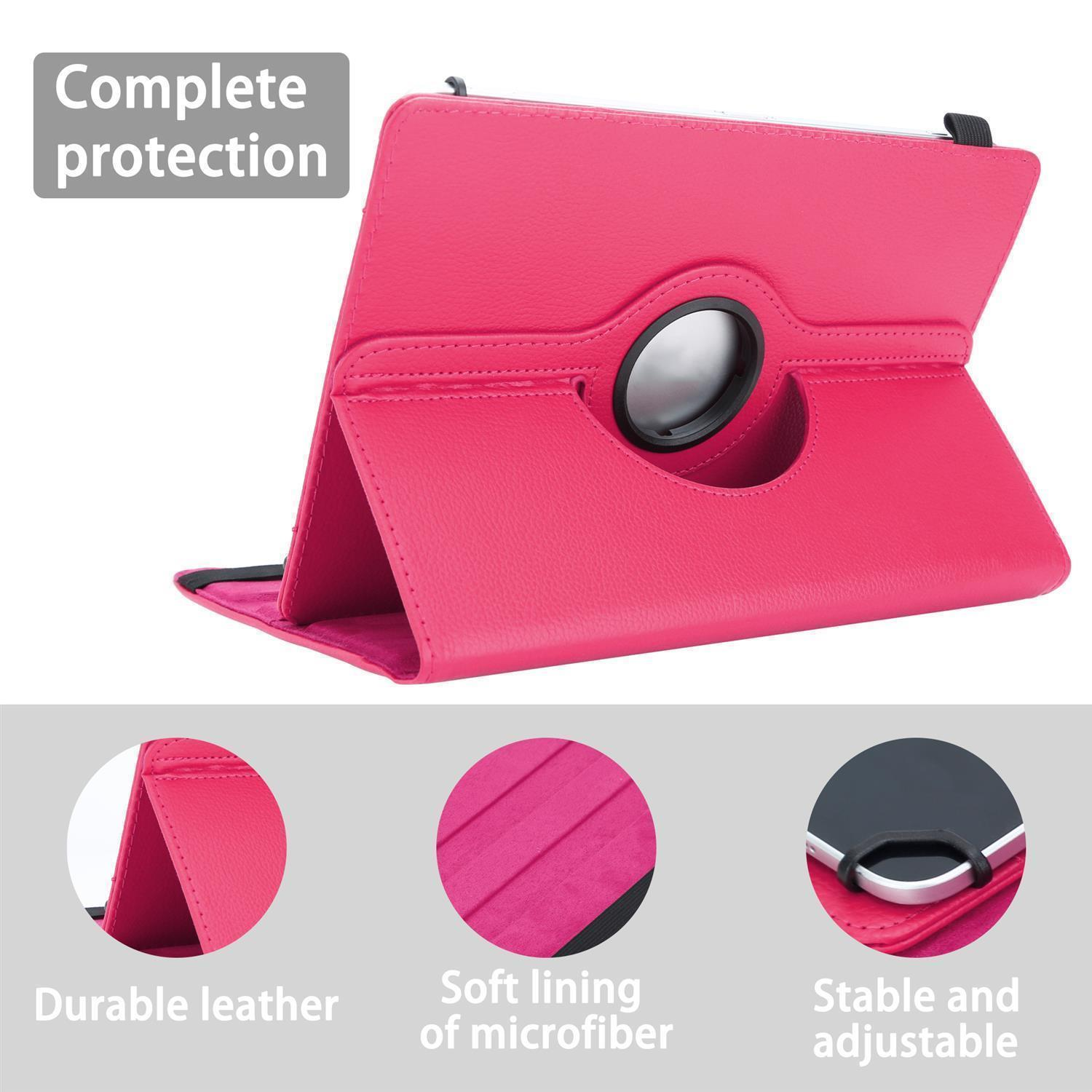 Pinkes Tabletetui, geöffnet, um den Bildschirm anzuzeigen. Merkmale sind strapazierfähiges Leder, weiche Mikrofaser und verstellbarer Ständer.