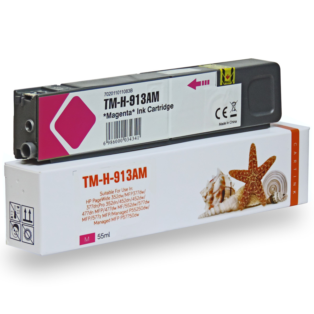 Magenta Tintenpatrone mit einer Box. Die Box hat Text und ein Bild von Muscheln.