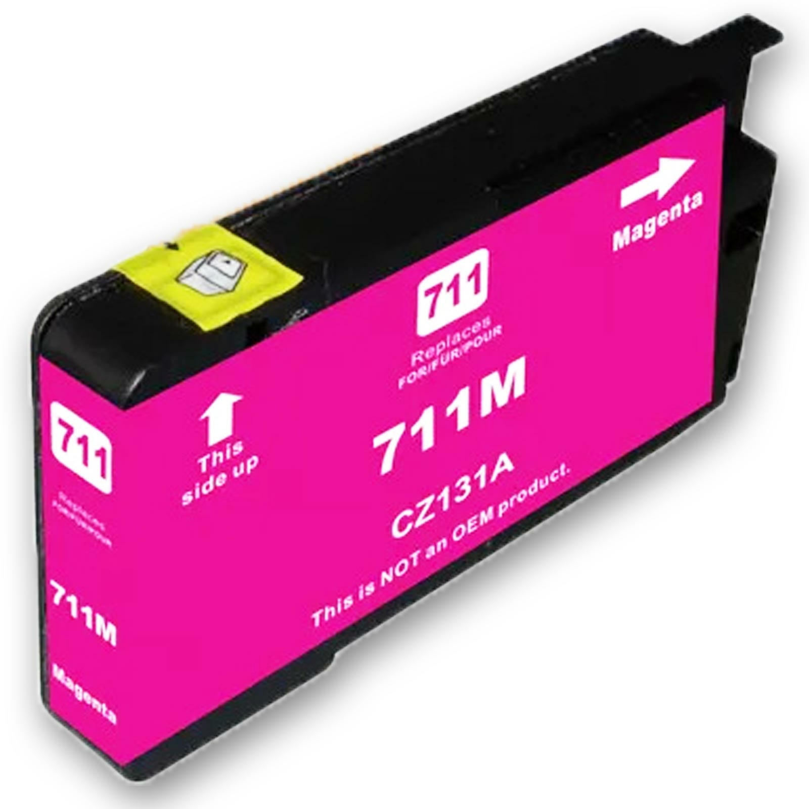 Magentafarbene Tintenpatrone mit Text. Rosa Etikett mit weißem Text. Schwarzer Körper.