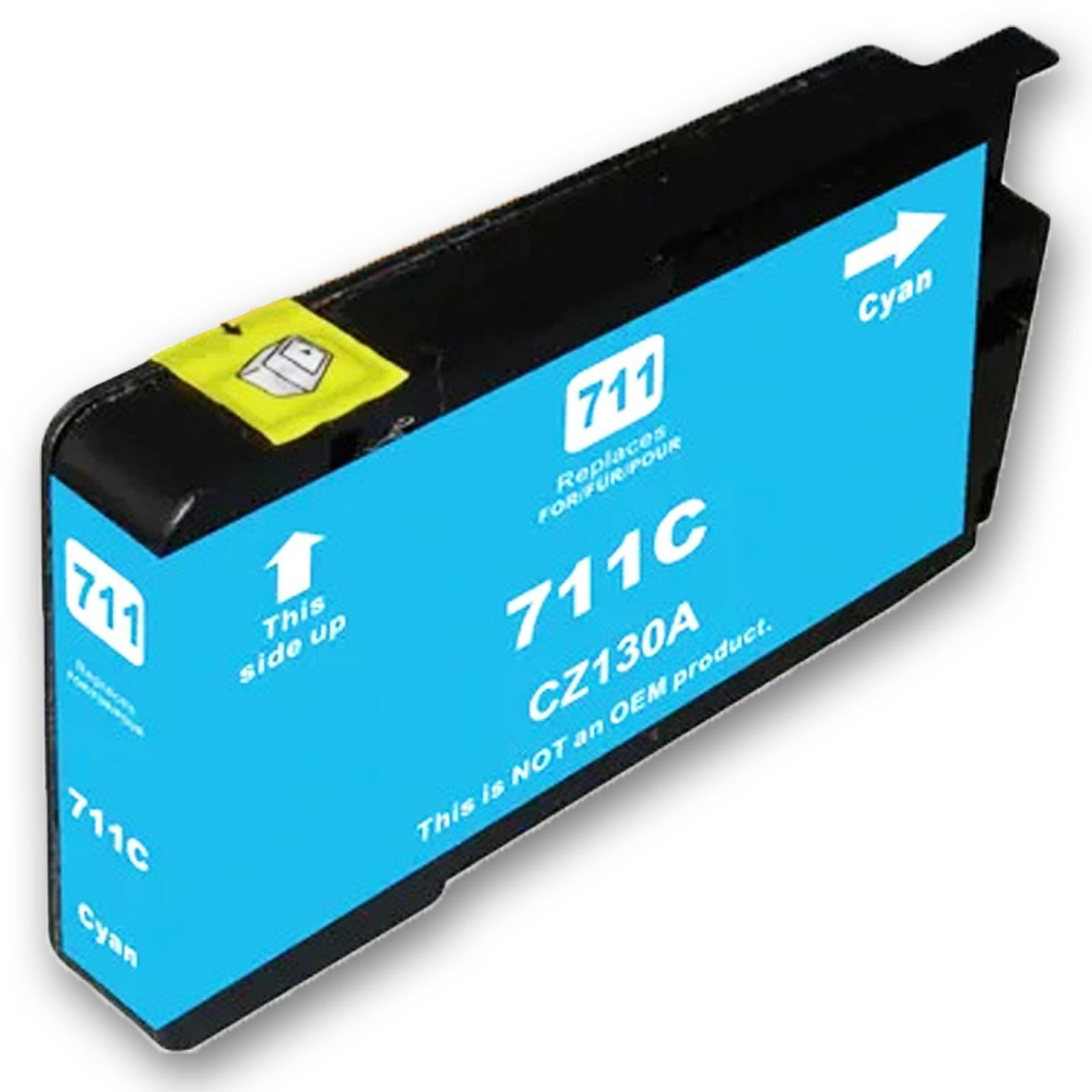Cyan-Tintenpatrone mit weißem Text und Pfeilen, weißer Hintergrund.