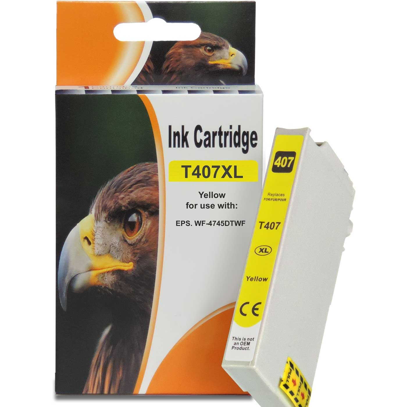 Gelbe Tintenpatrone in einer Box, mit einem goldenen Adler auf der Vorderseite.