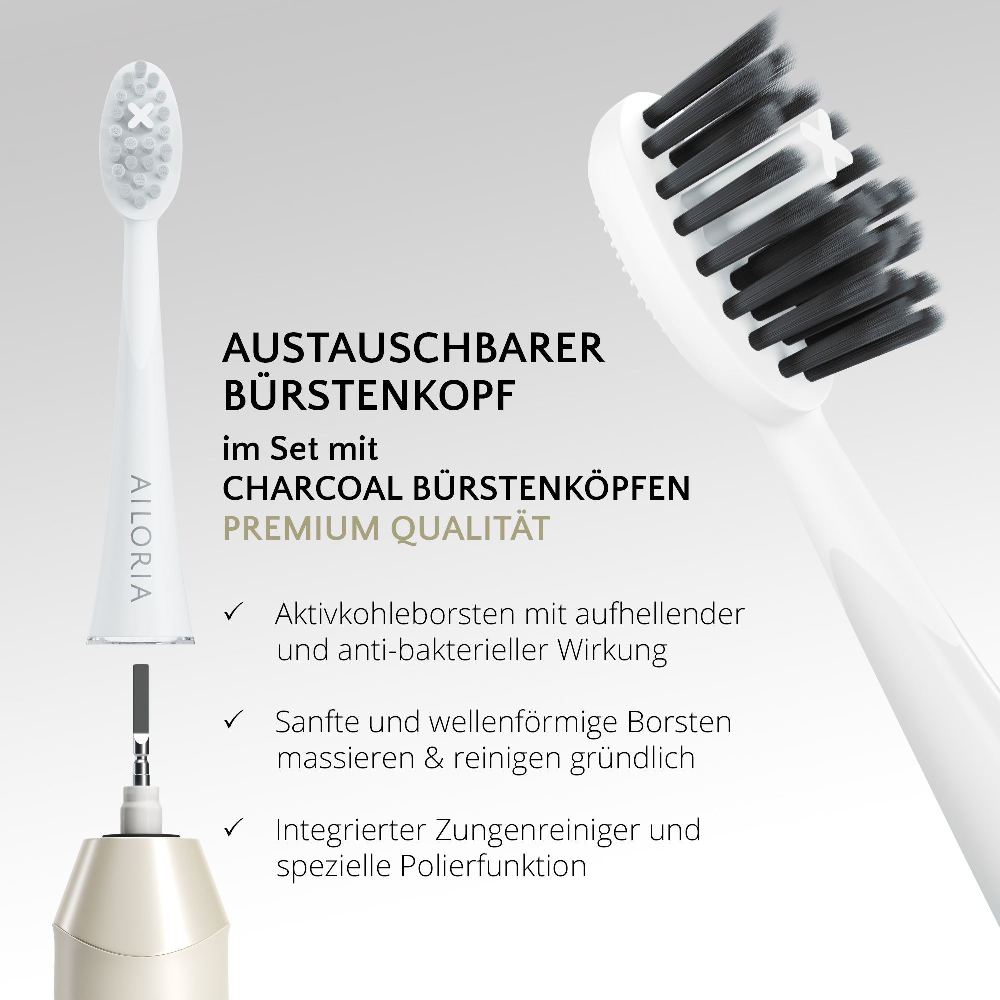 Weiße elektrische Zahnbürste mit Holzkohle-Bürstenköpfen. Text mit Produktvorteilen. Weißer Hintergrund.