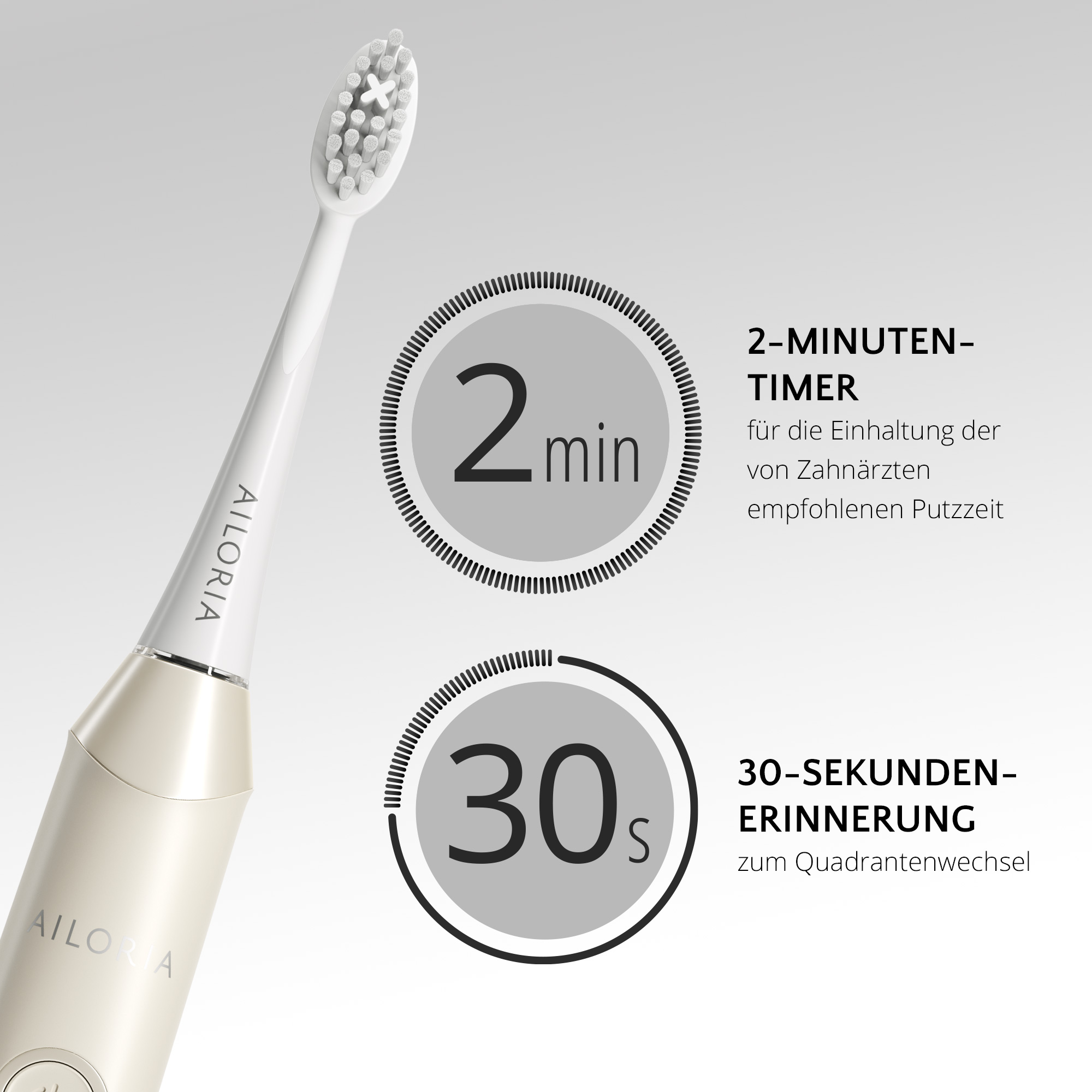 Un cepillo de dientes eléctrico con información del temporizador, incluyendo un temporizador de 2 minutos y recordatorios de 30 segundos.