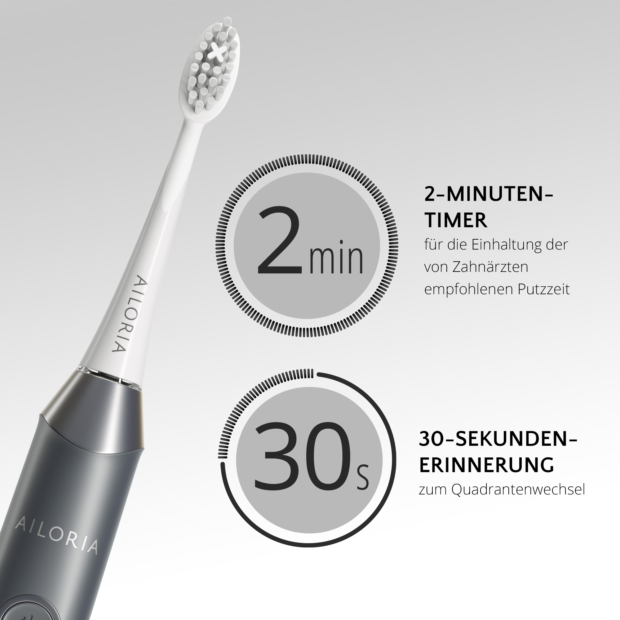 Cepillo de dientes eléctrico con temporizador, mostrando intervalos de 2 minutos y 30 segundos.