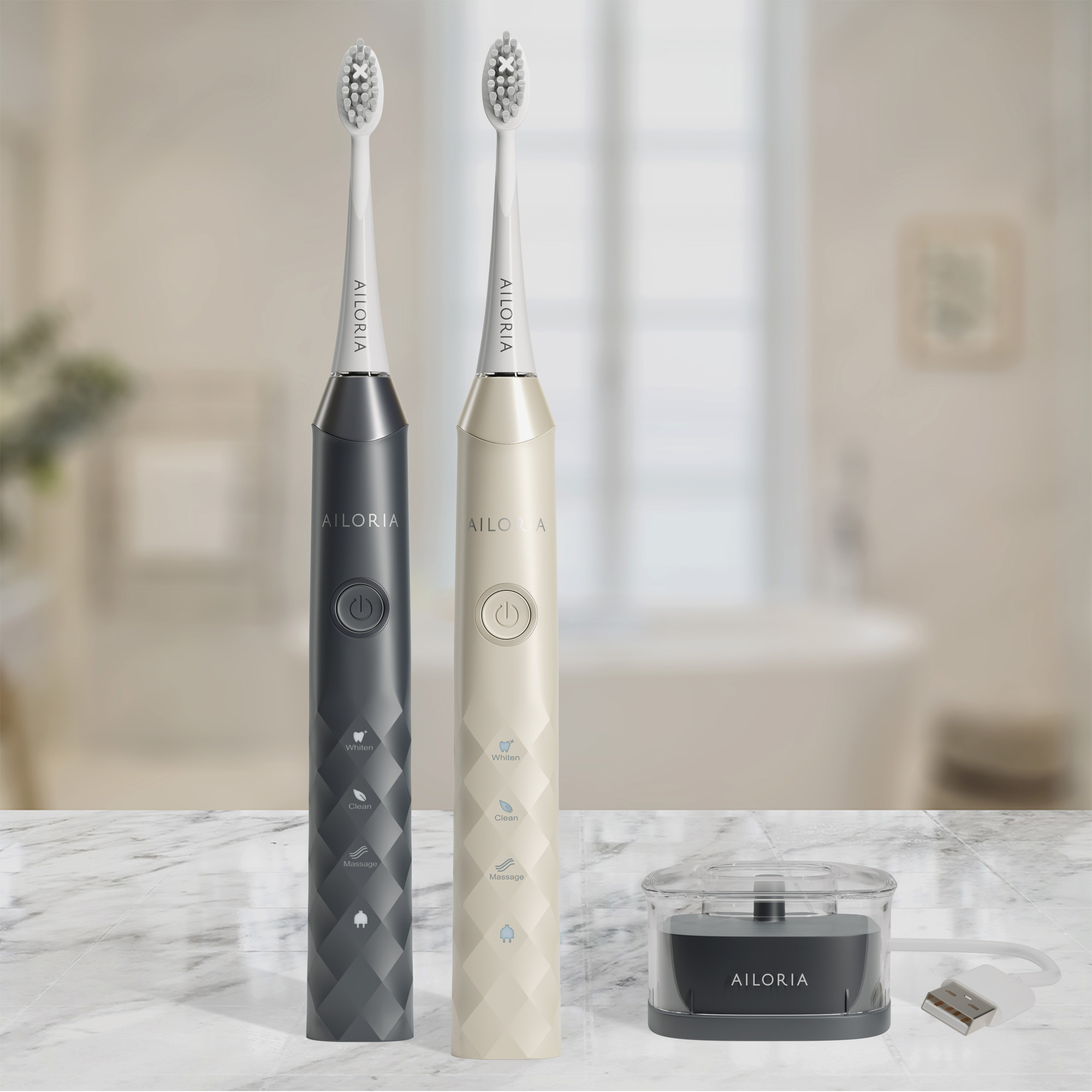 Dos cepillos de dientes eléctricos y una estación de carga sobre una superficie de mármol en un baño.