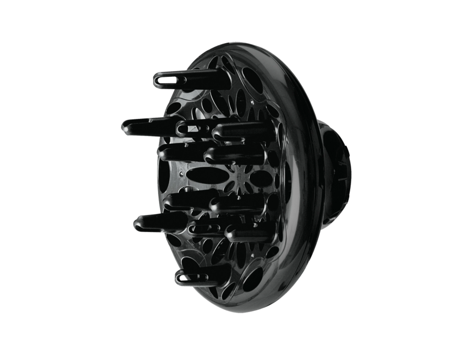Accessorio per asciugacapelli nero. Ha più punte. Sfondo bianco.