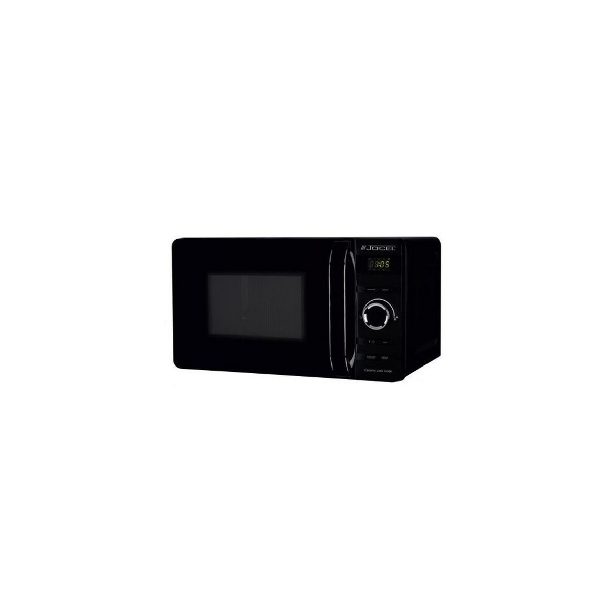 Un horno microondas negro sobre un fondo blanco. Tiene una puerta, botones y una pantalla digital.