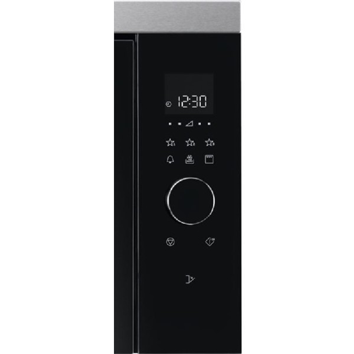 Panel de control de microondas negro con reloj digital y varios iconos sobre fondo blanco.