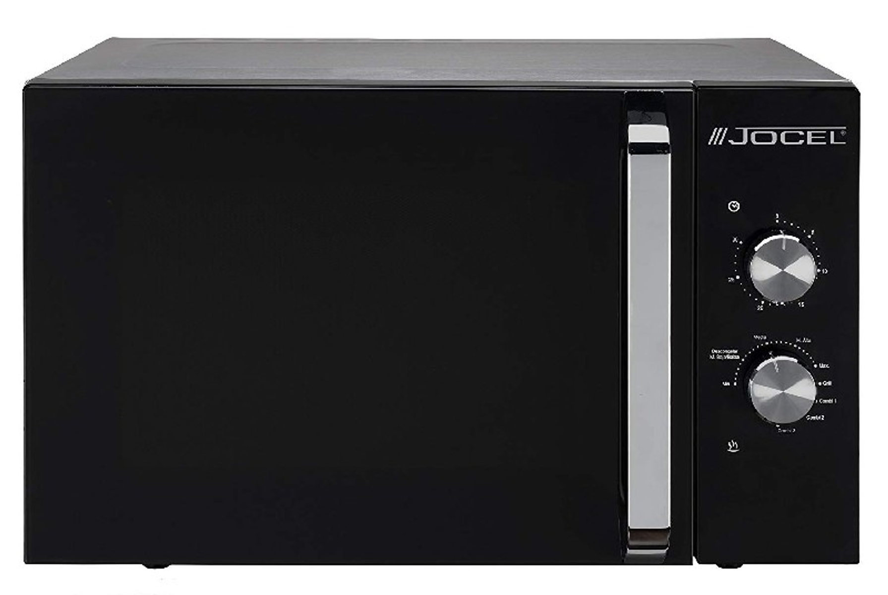 Horno microondas negro con detalles plateados sobre fondo blanco.