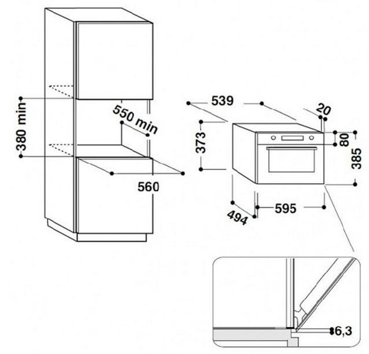 Un disegno tecnico di un forno a incasso e di un mobile sopra e sotto, con dimensioni.
