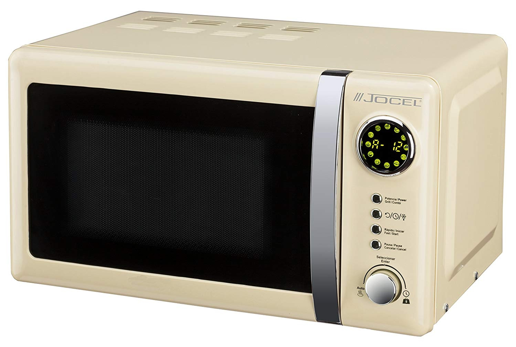 Microondas crema con pantalla digital y botones de control. Diseño retro.