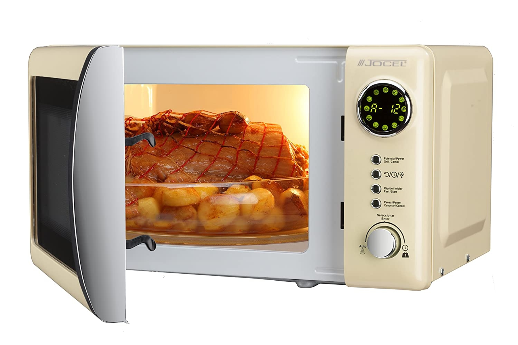 Microondas crema con puerta abierta, comida dentro. Panel de control a la derecha.