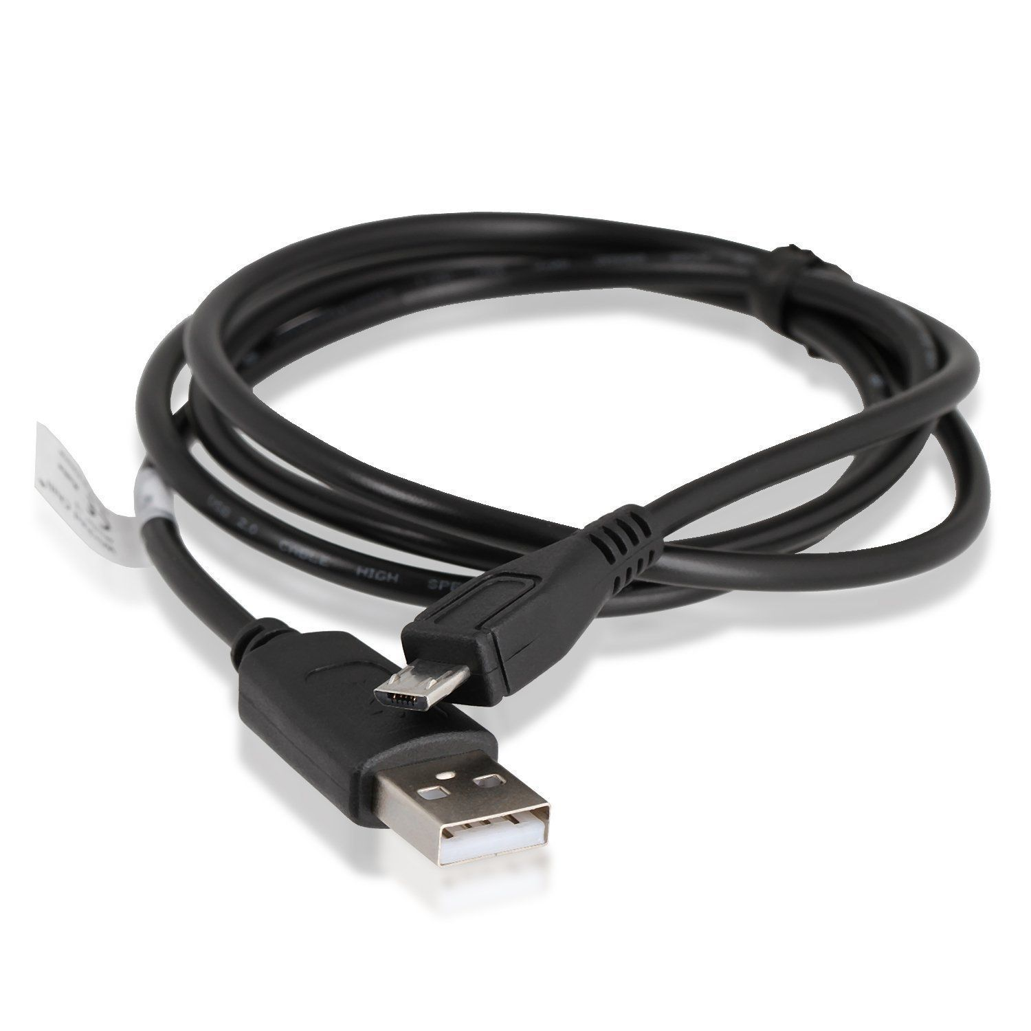 Schwarzes USB-Kabel mit einem USB-A- auf einen Micro-USB-Anschluss, auf einer weißen Oberfläche liegend.