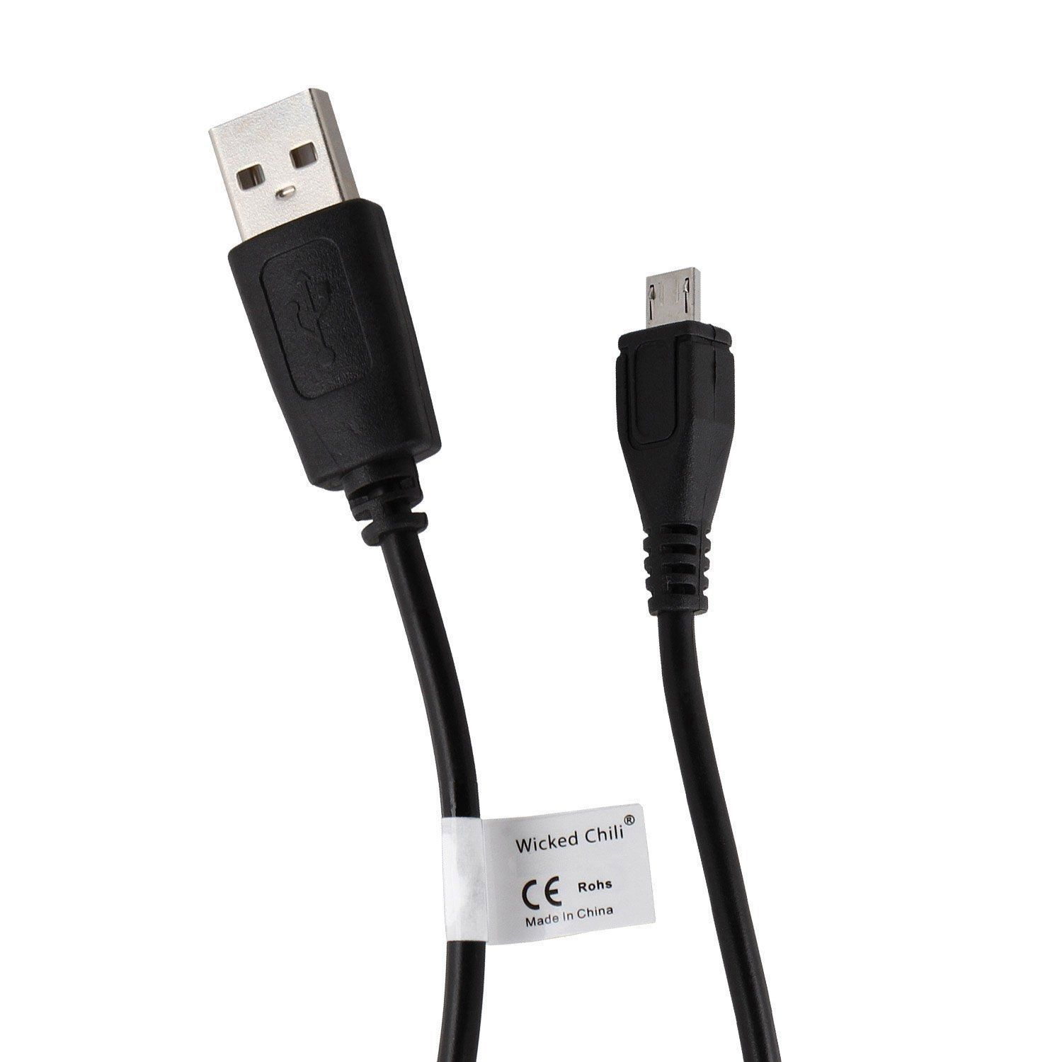 Ein schwarzes USB-zu-Micro-USB-Kabel. Das Kabel hat ein weißes Etikett mit der Aufschrift 'Wicked Chill' und 'Made in China'.
