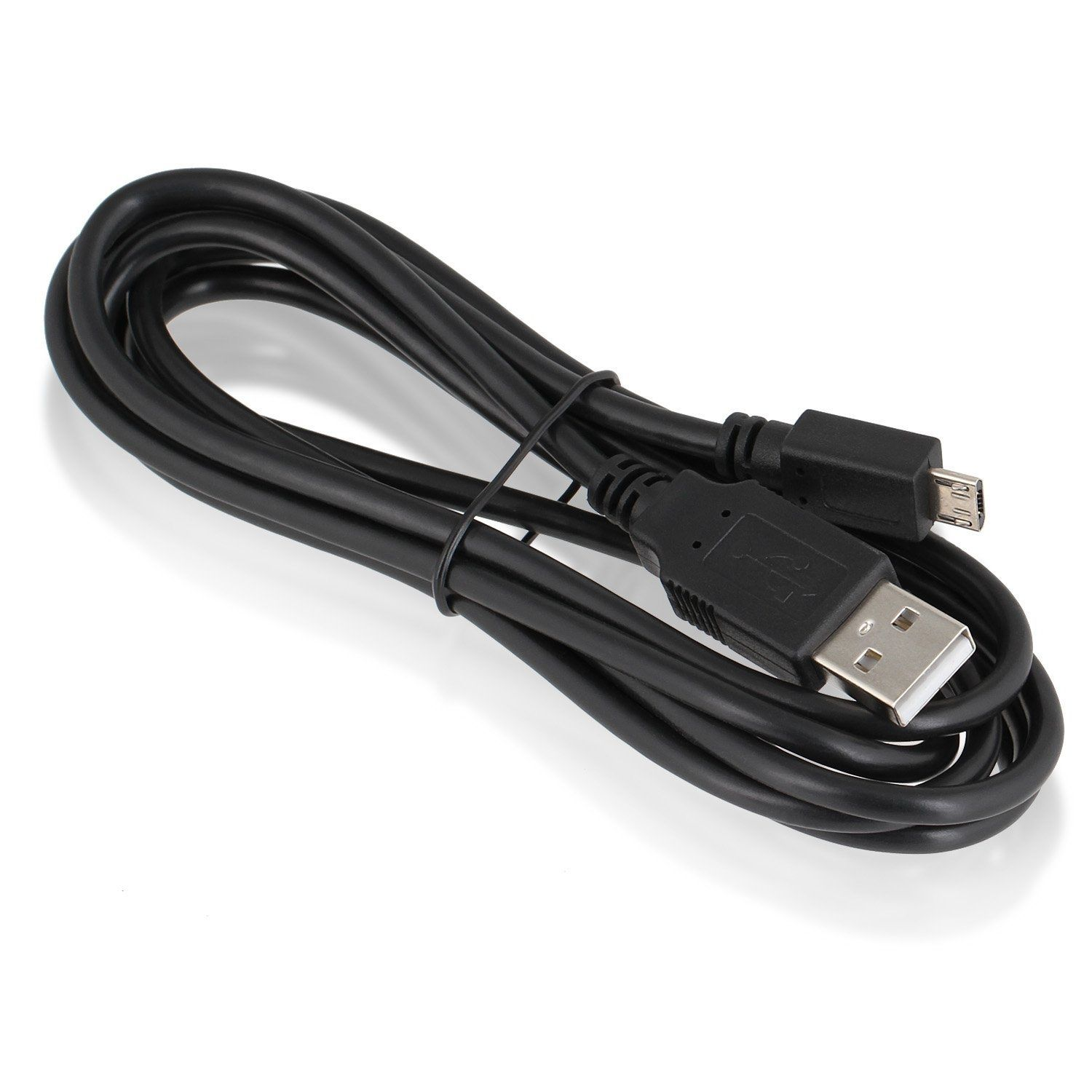 Schwarzes USB-Kabel, aufgerollt, mit USB-A- und Micro-USB-Anschlüssen, vor weißem Hintergrund.