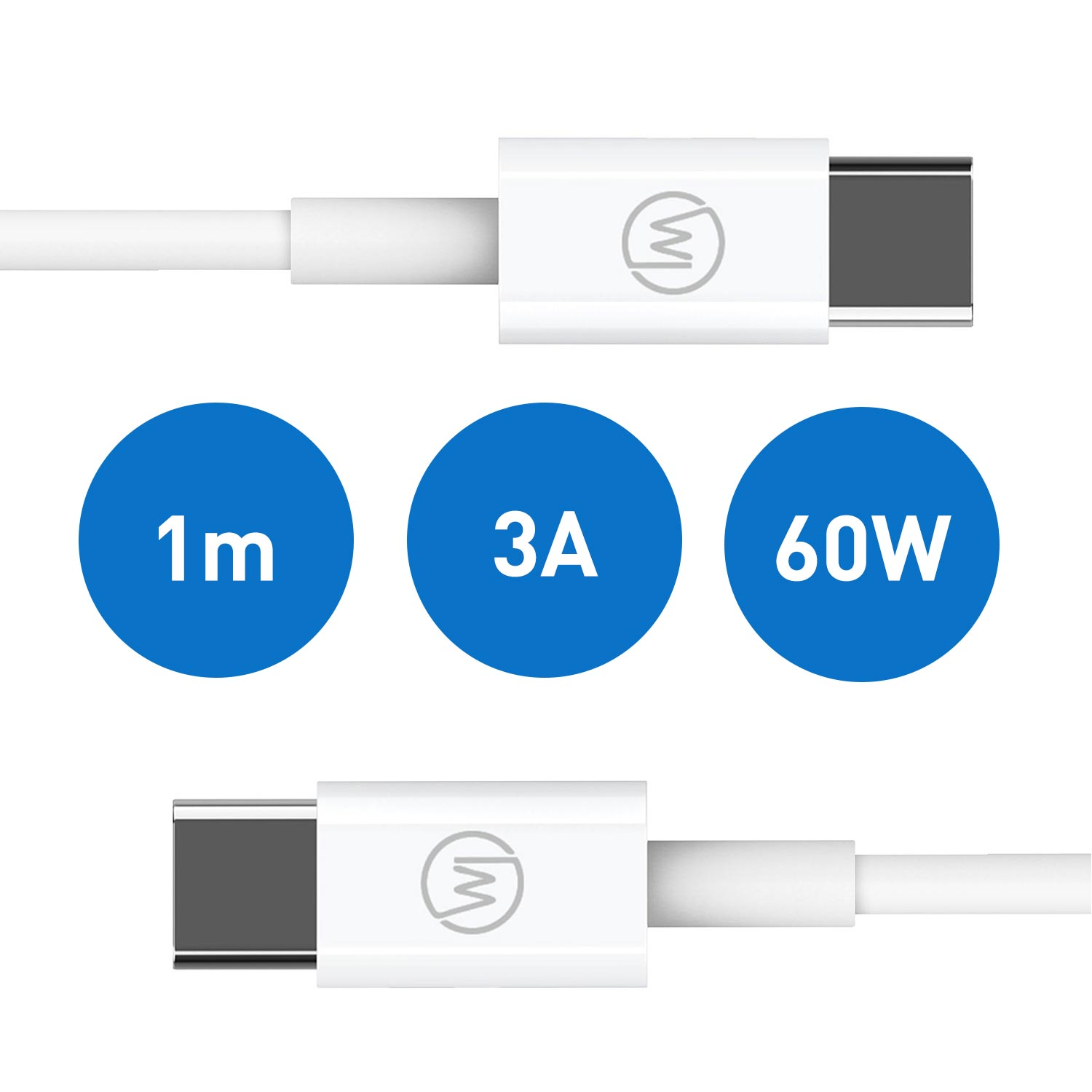 Weißes USB-C-Kabel mit Aufschriften: 1m, 3A, 60W. Zwei Stecker mit Logo an den Enden.