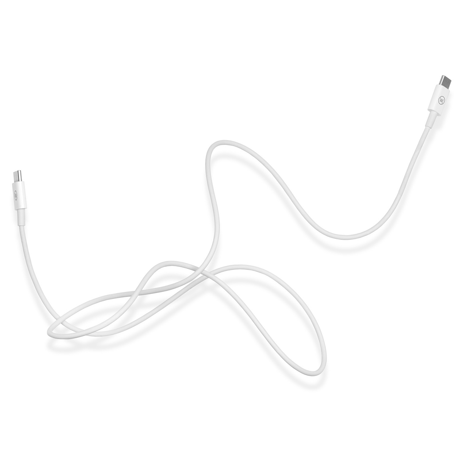 Weißes USB-C-Kabel auf weißem Untergrund. Das Kabel hat eine gebogene Form. Der Schatten ist sichtbar.