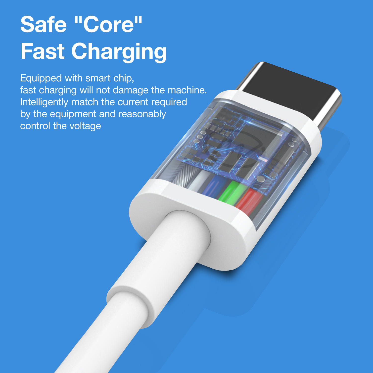 Weißes Ladekabel mit transparentem Ende, das interne Komponenten zeigt. Blauer Hintergrund.