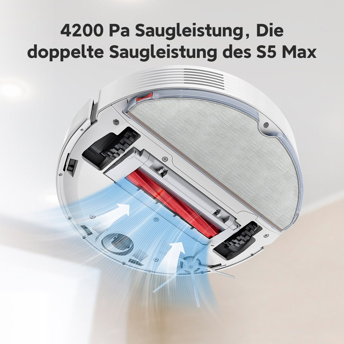 Roboter-Staubsauger, mit hervorgehobener Saugkraft und Luftstrom, weiß und rot.